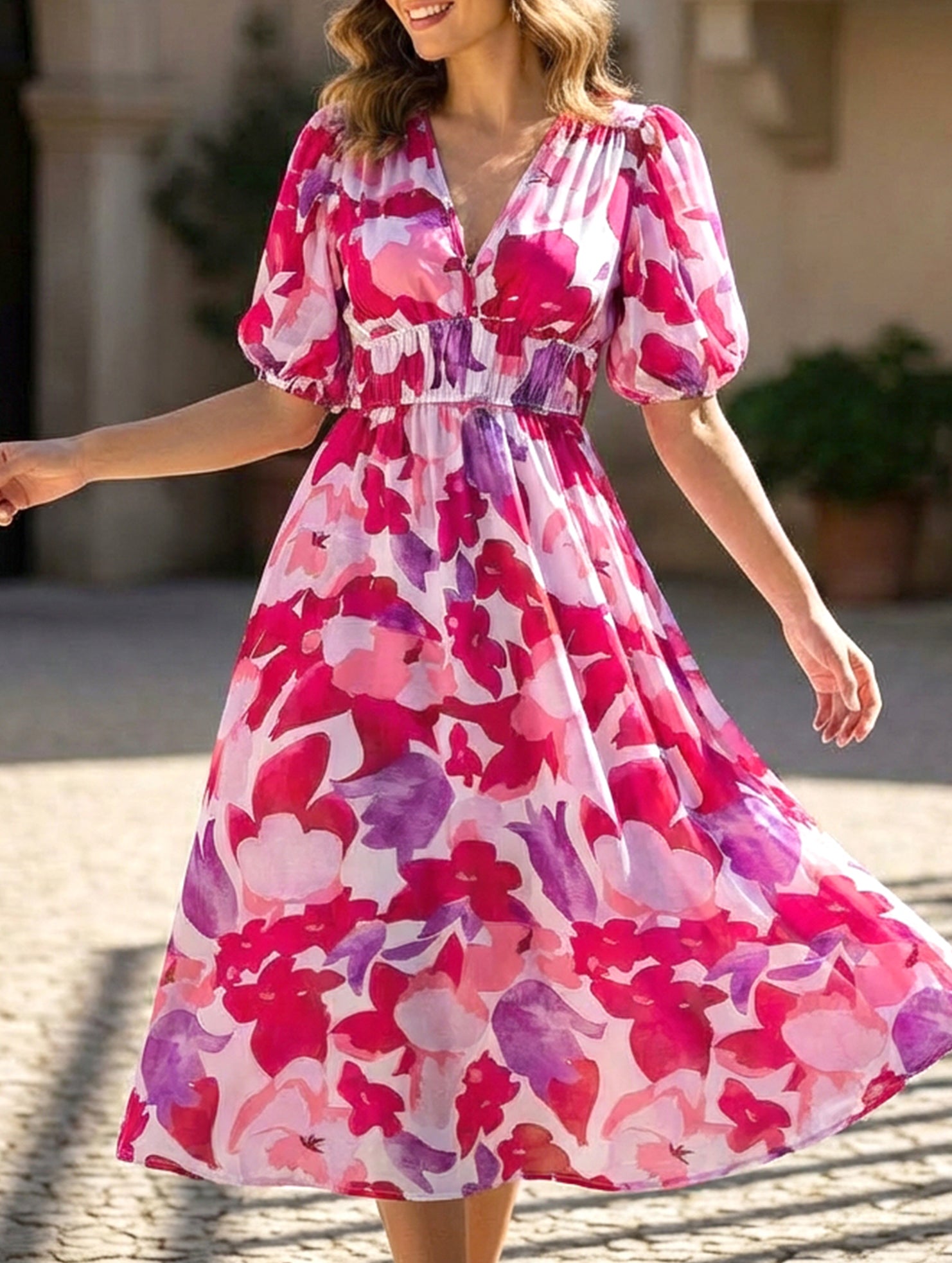 V Neck Waist Fitted Short Sleeve Dress