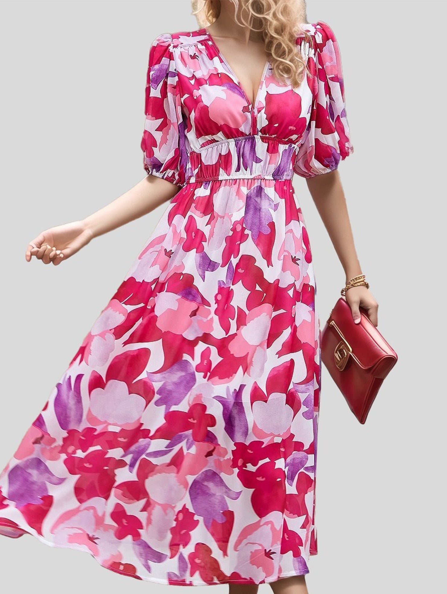 V Neck Waist Fitted Short Sleeve Dress