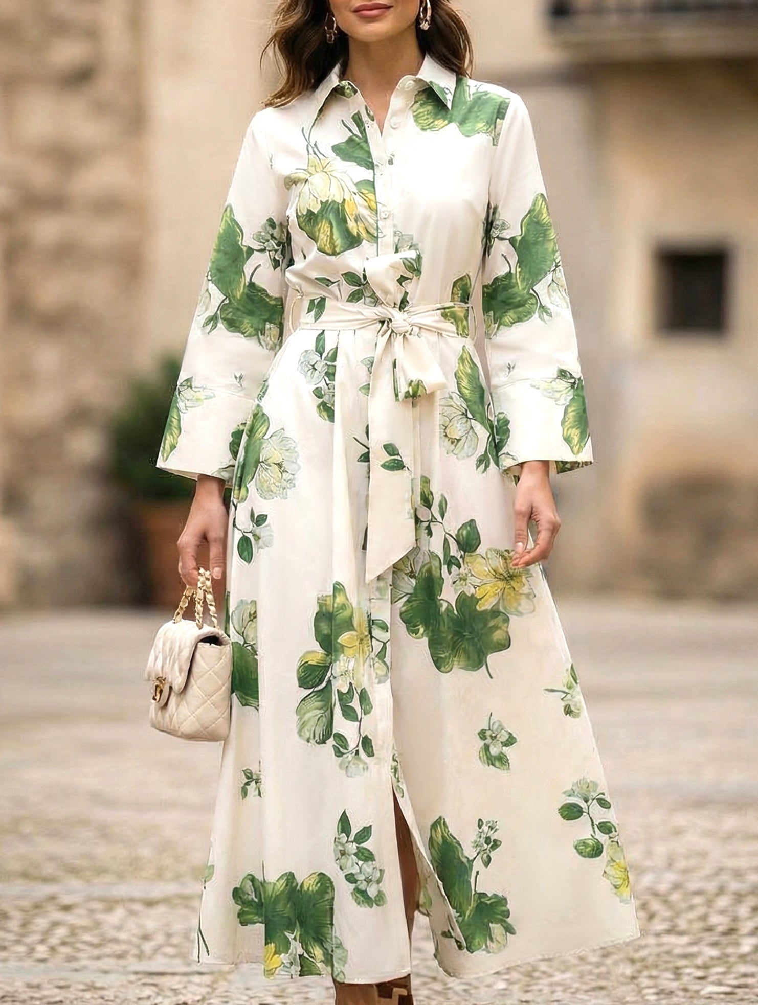 Polo Neck Button Belted Dress
