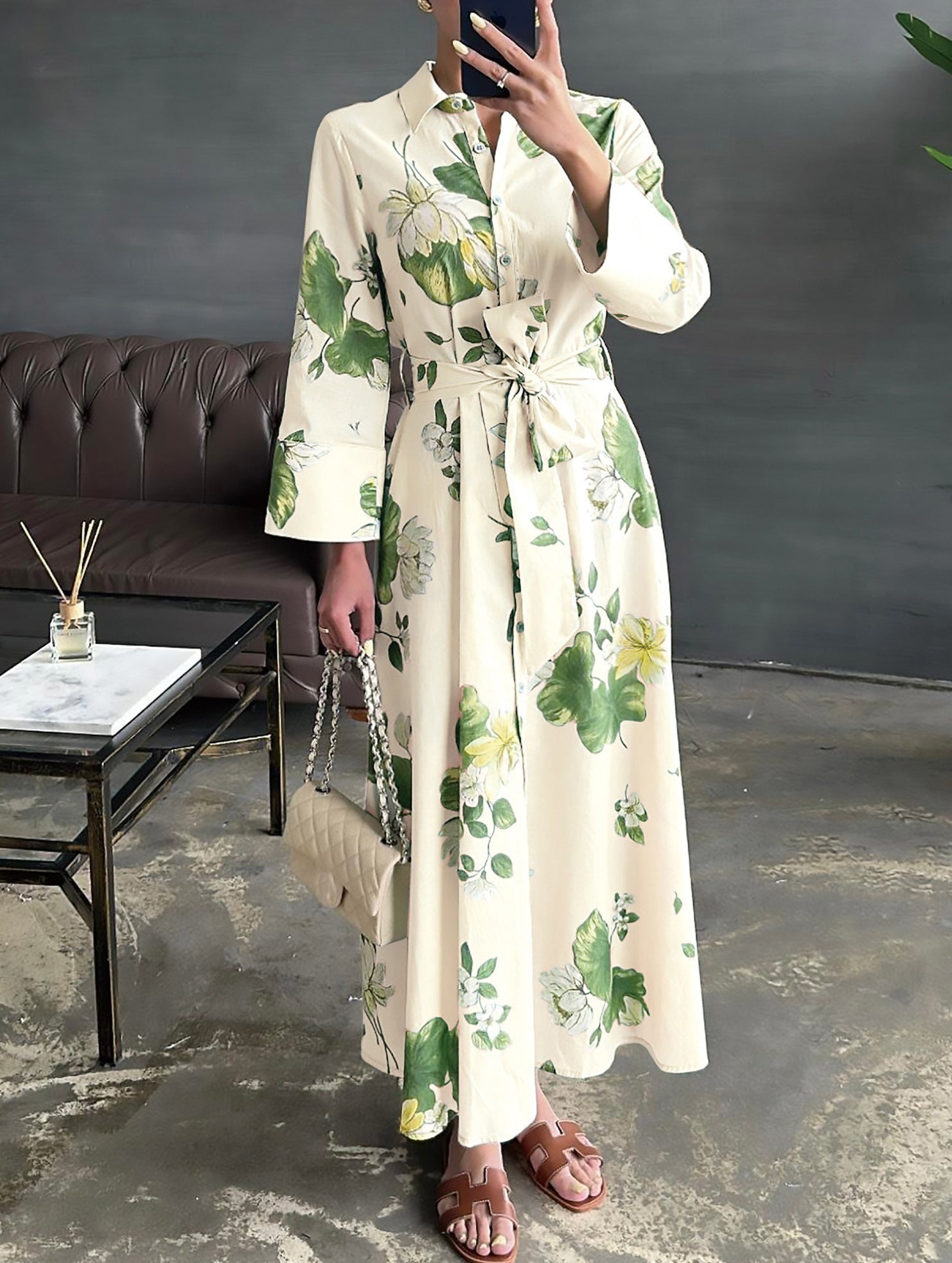 Polo Neck Button Belted Dress