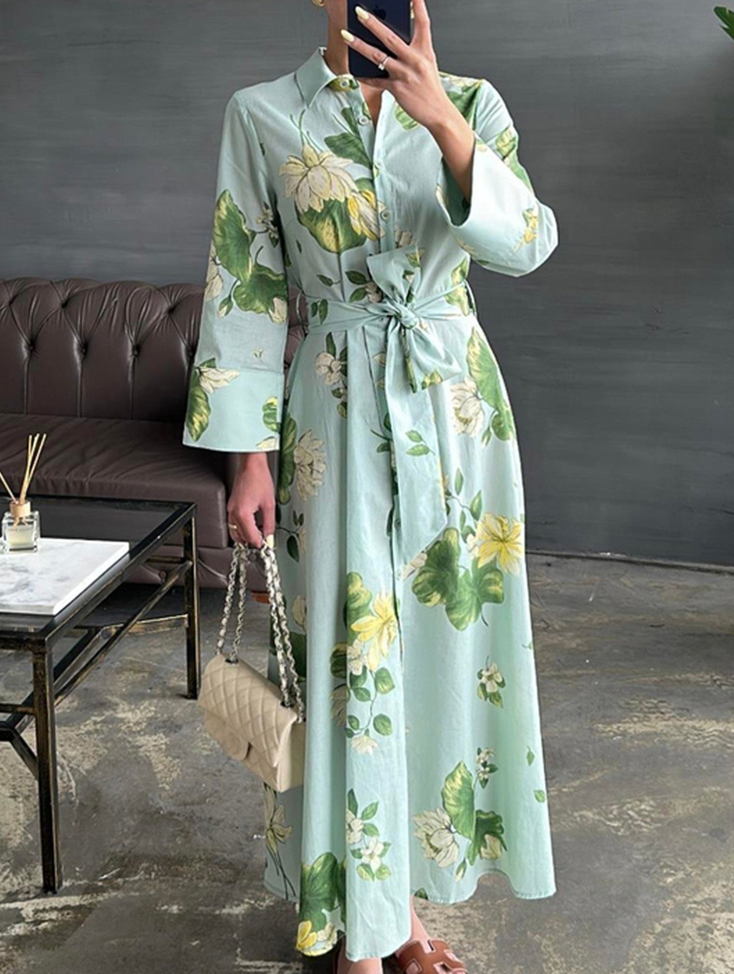 Polo Neck Button Belted Dress