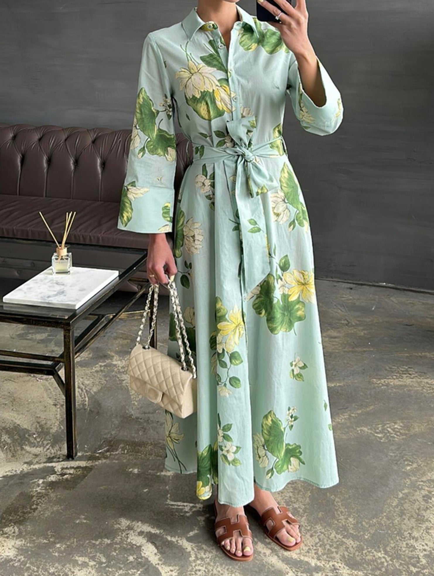 Polo Neck Button Belted Dress