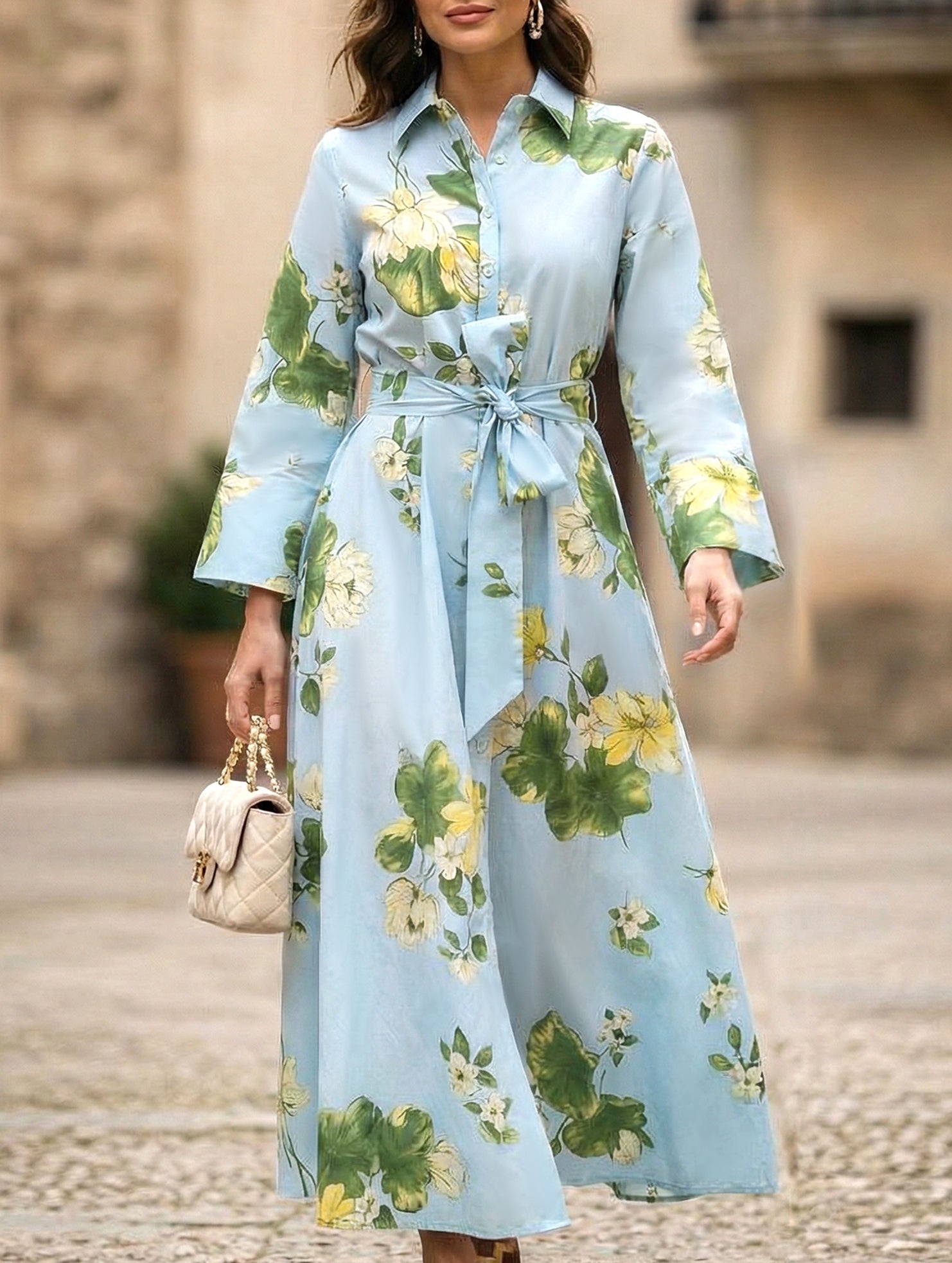 Polo Neck Button Belted Dress