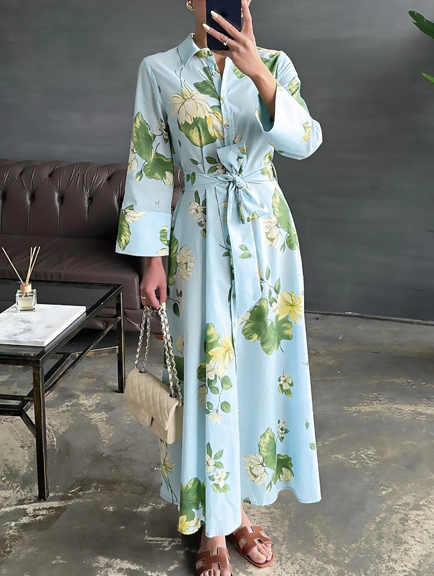 Polo Neck Button Belted Dress