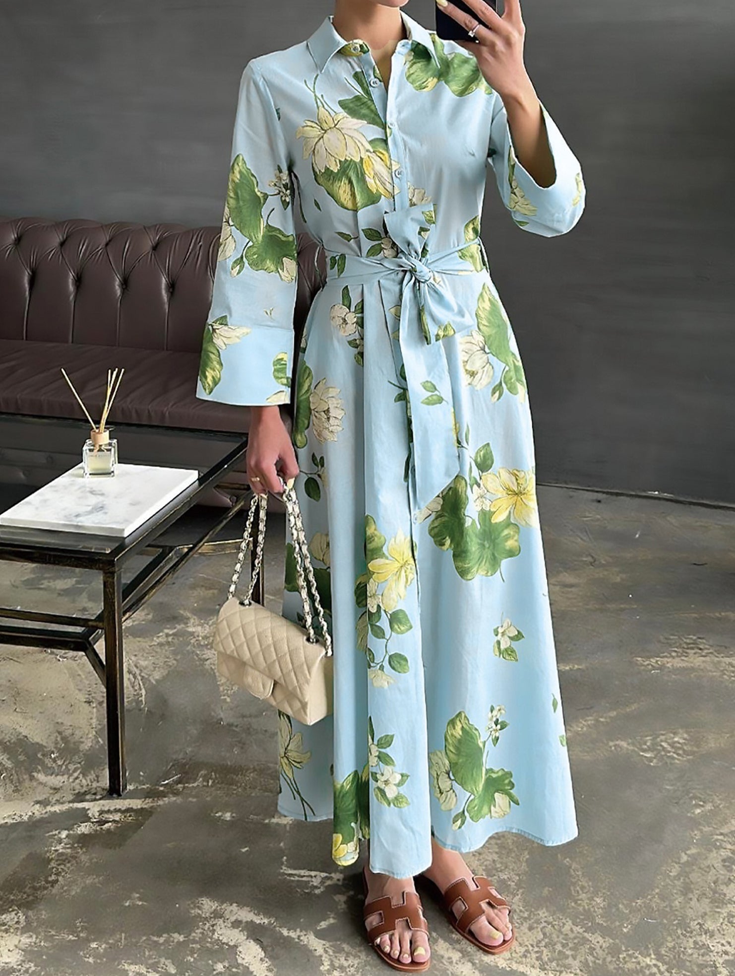 Polo Neck Button Belted Dress