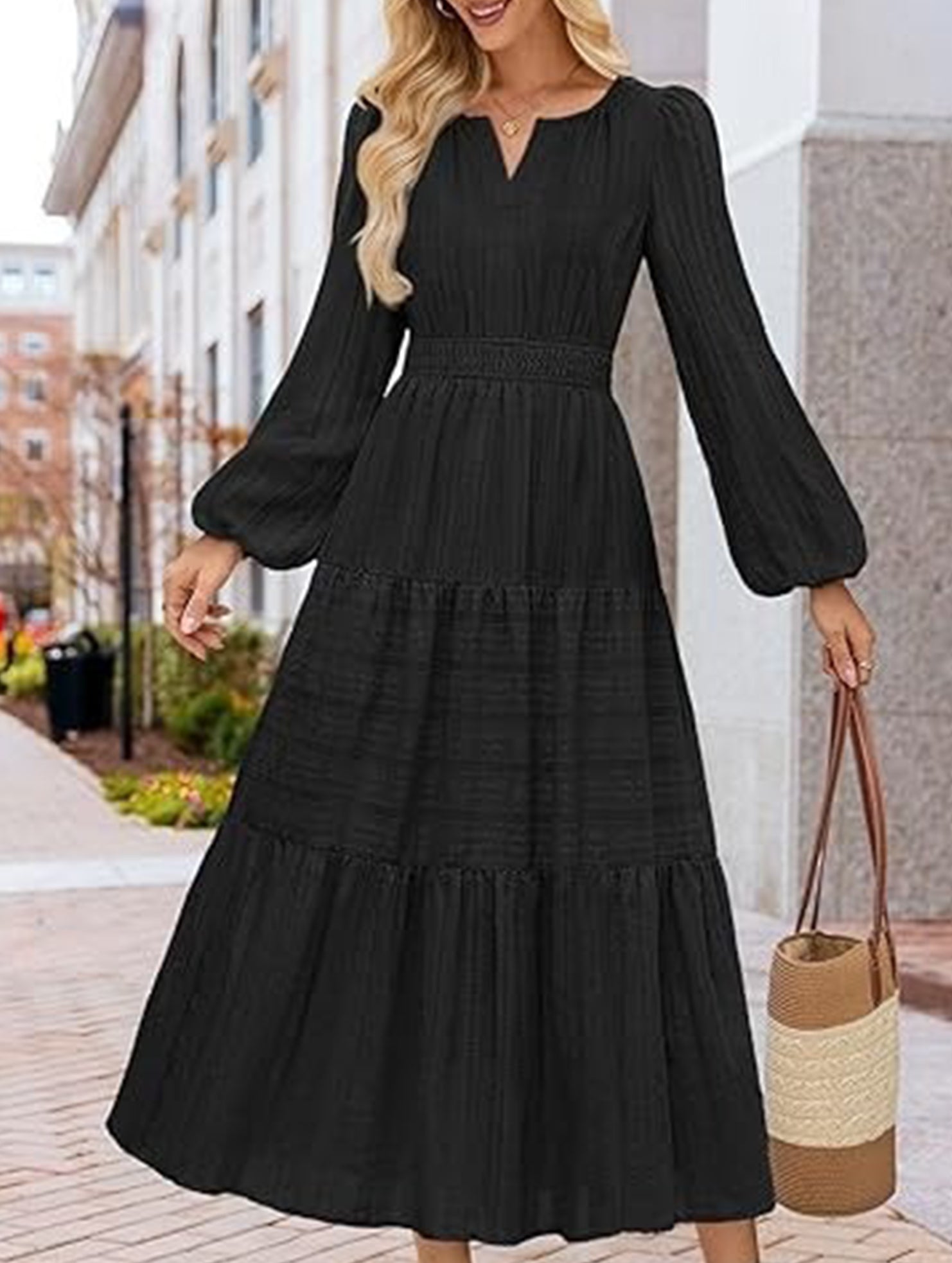 V Neck Tiered Puff Sleeve Maxi Dress_CWDMD02168