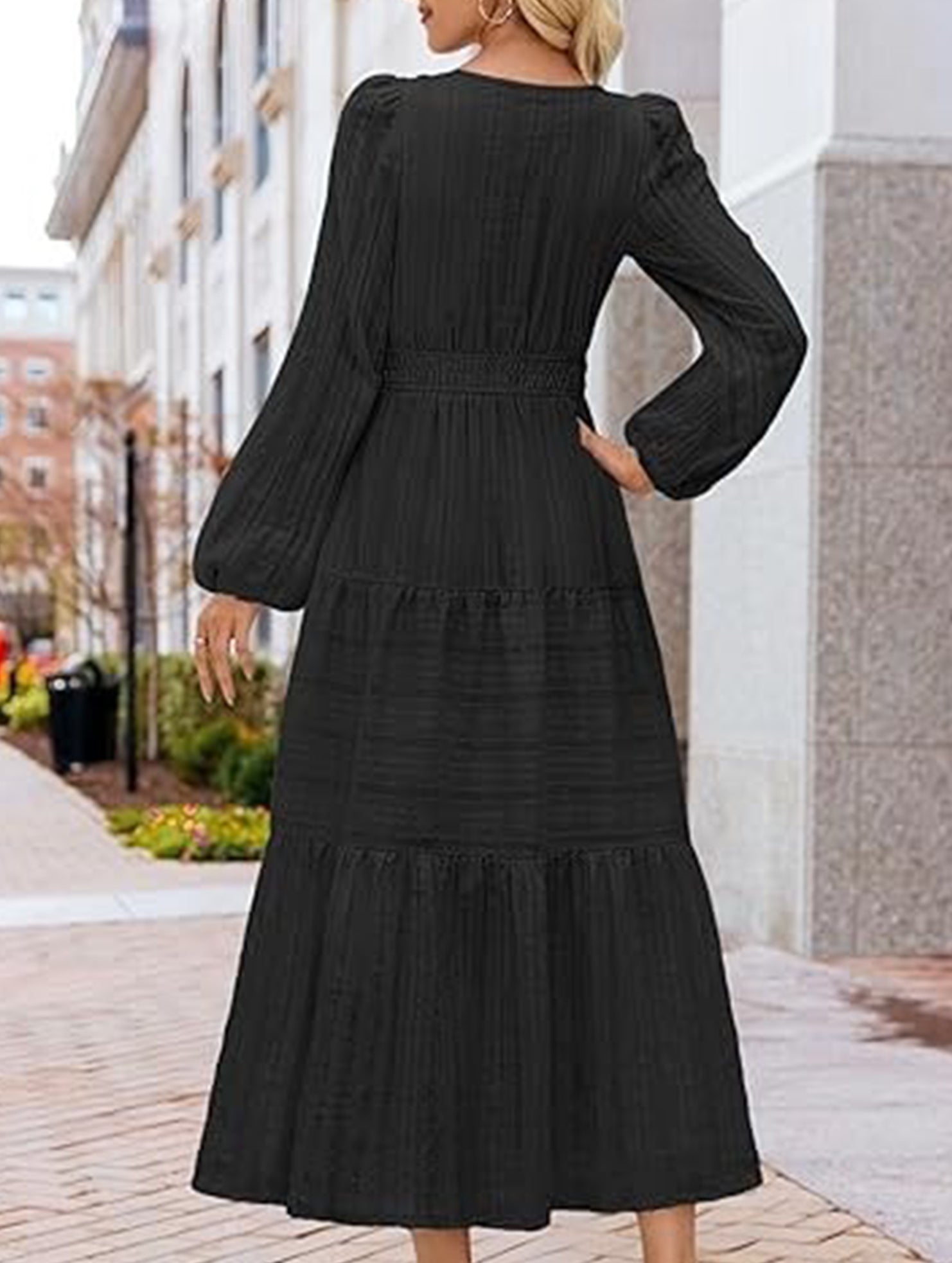 V Neck Tiered Puff Sleeve Maxi Dress_CWDMD02168