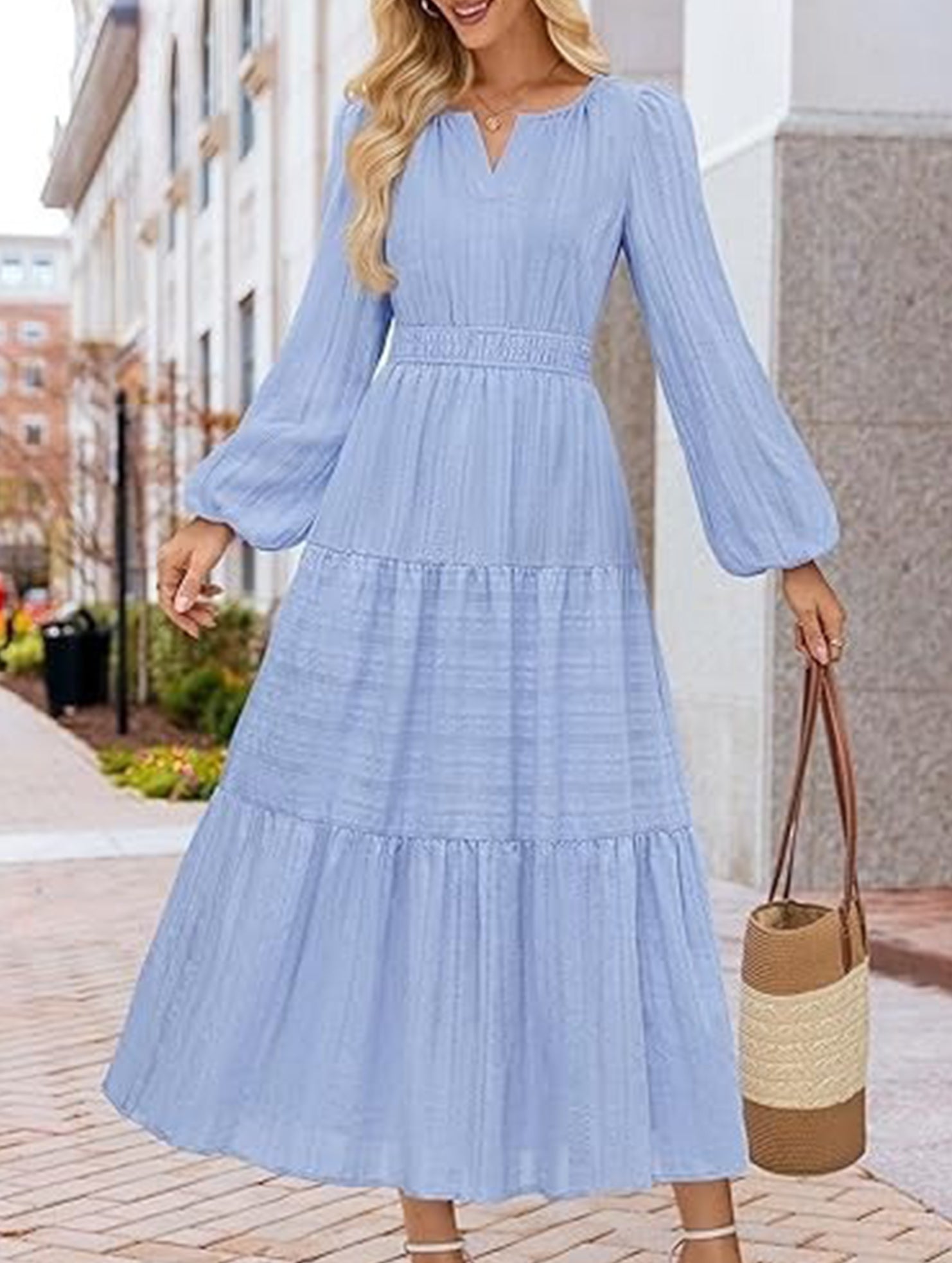 V Neck Tiered Puff Sleeve Maxi Dress_CWDMD02168