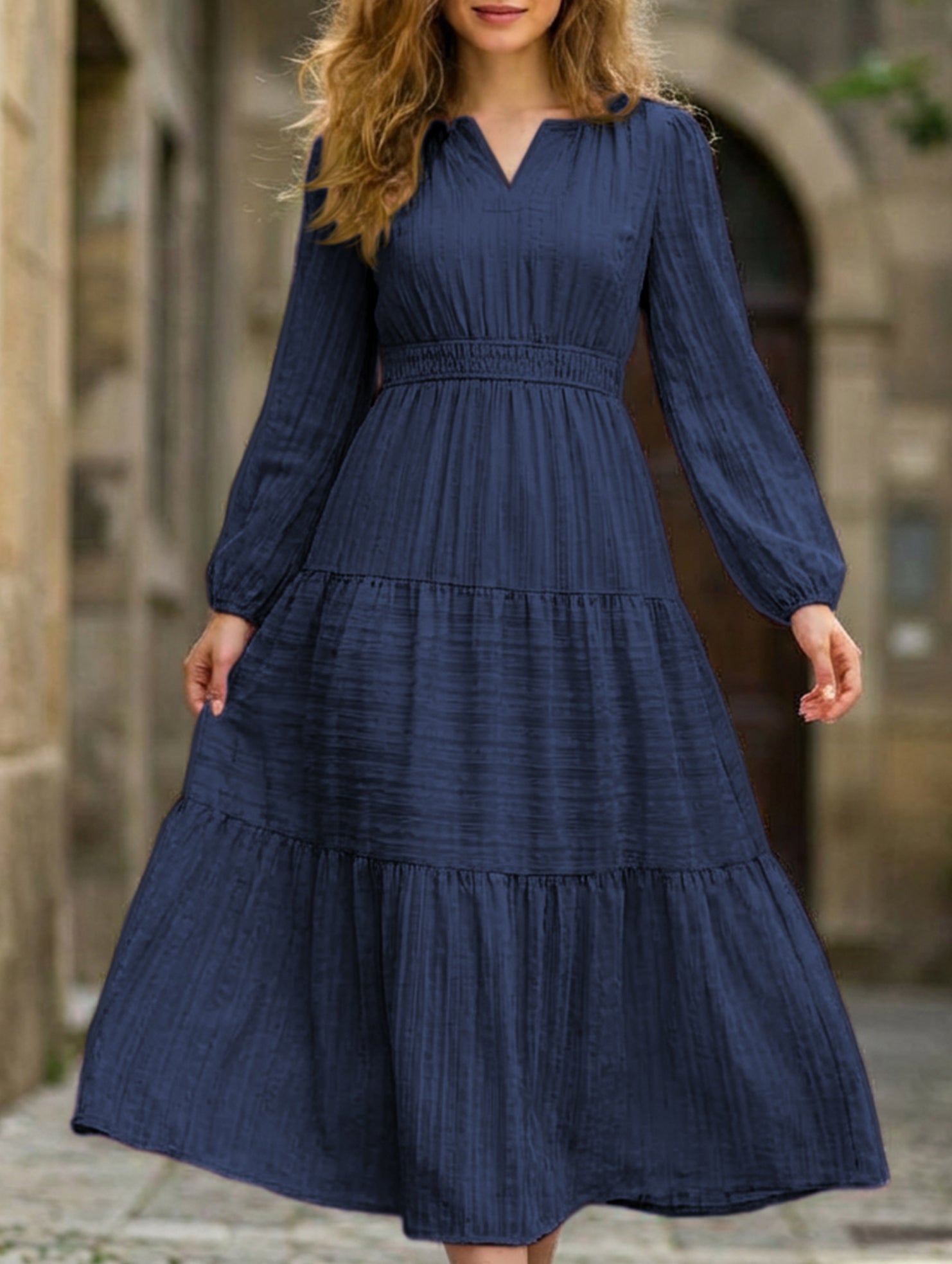 V Neck Tiered Puff Sleeve Maxi Dress_CWDMD02168