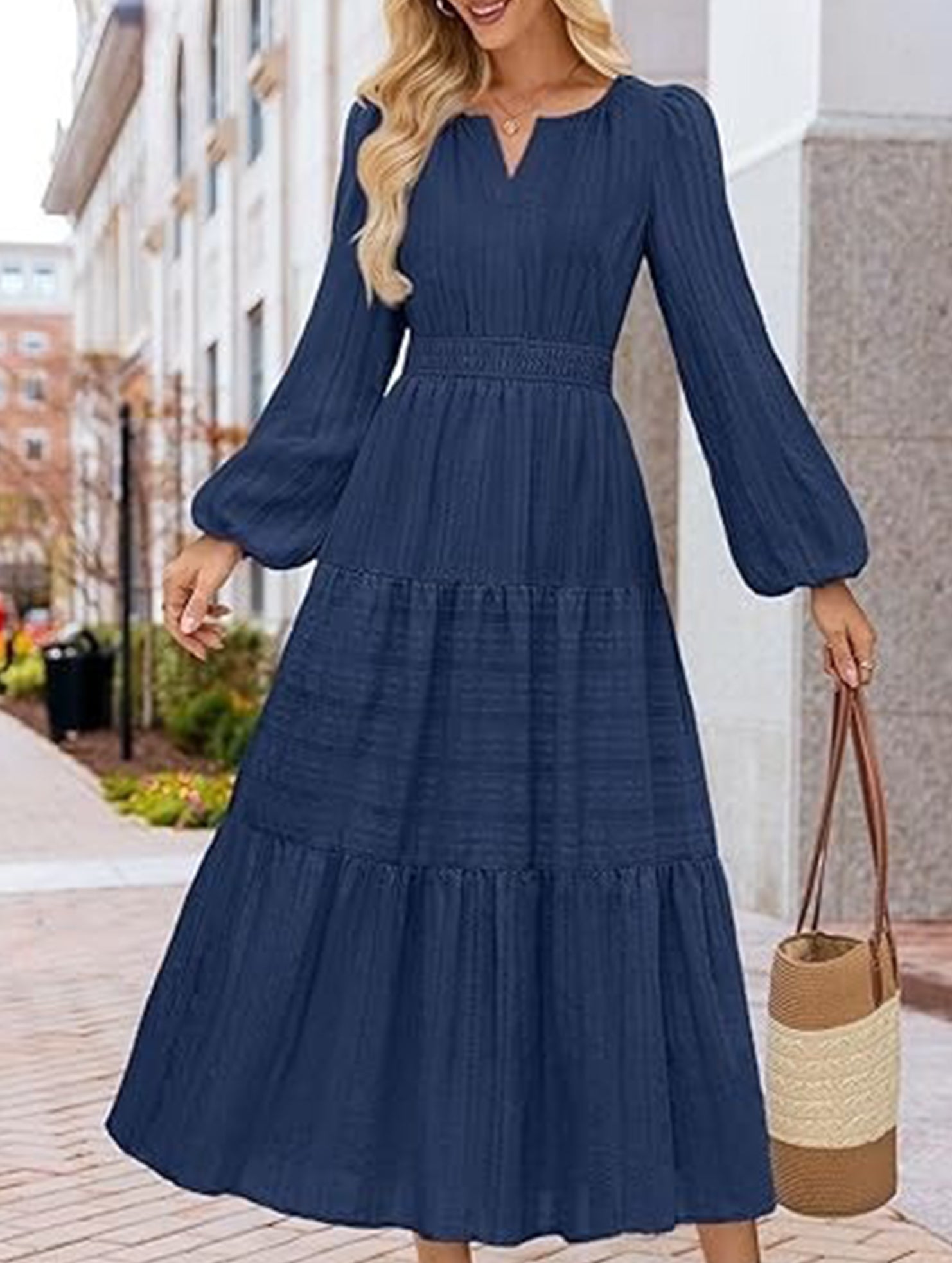 V Neck Tiered Puff Sleeve Maxi Dress_CWDMD02168