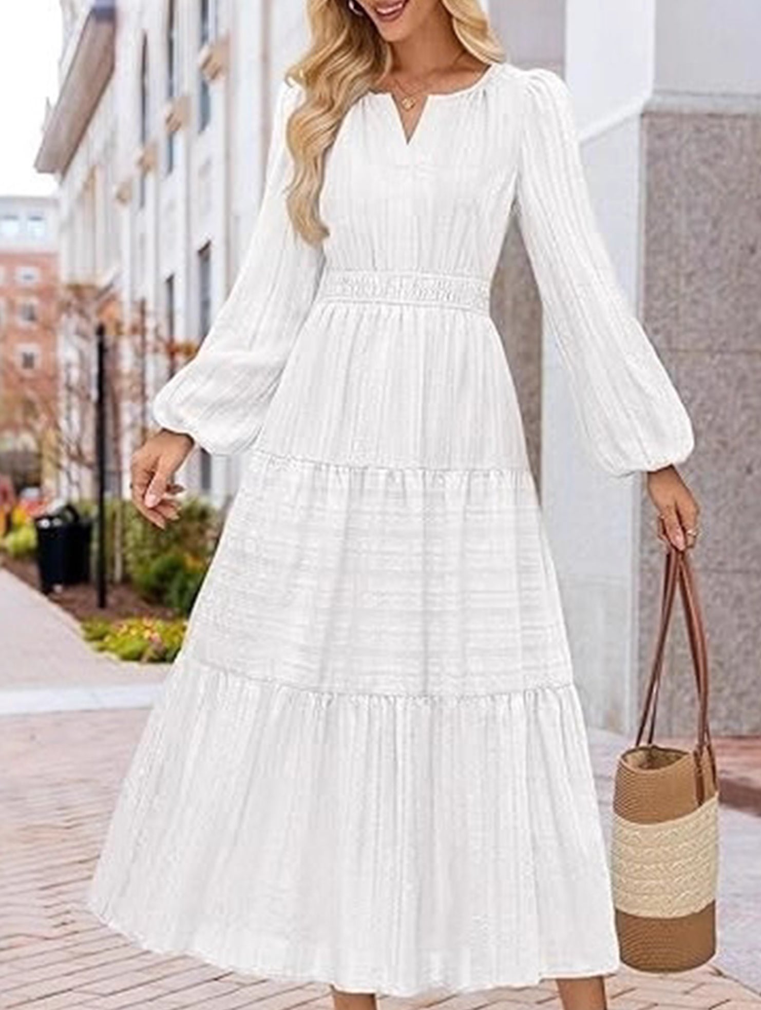 V Neck Tiered Puff Sleeve Maxi Dress_CWDMD02168