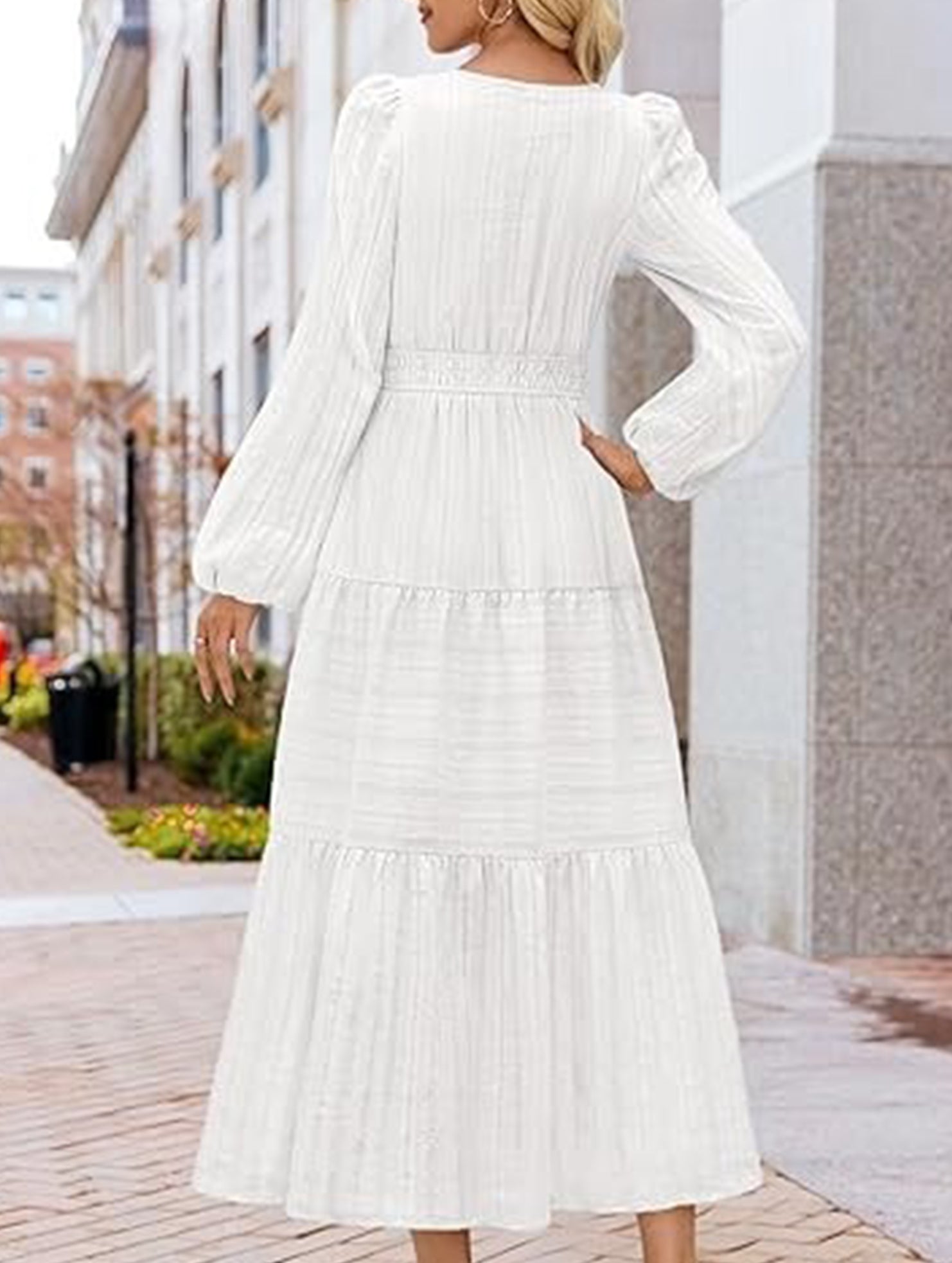 V Neck Tiered Puff Sleeve Maxi Dress_CWDMD02168