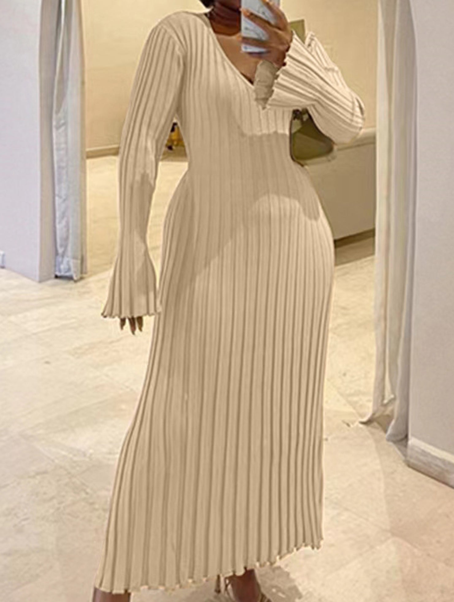 Casual, fitted waist, ribbed knit dress for women_CWDMD02175