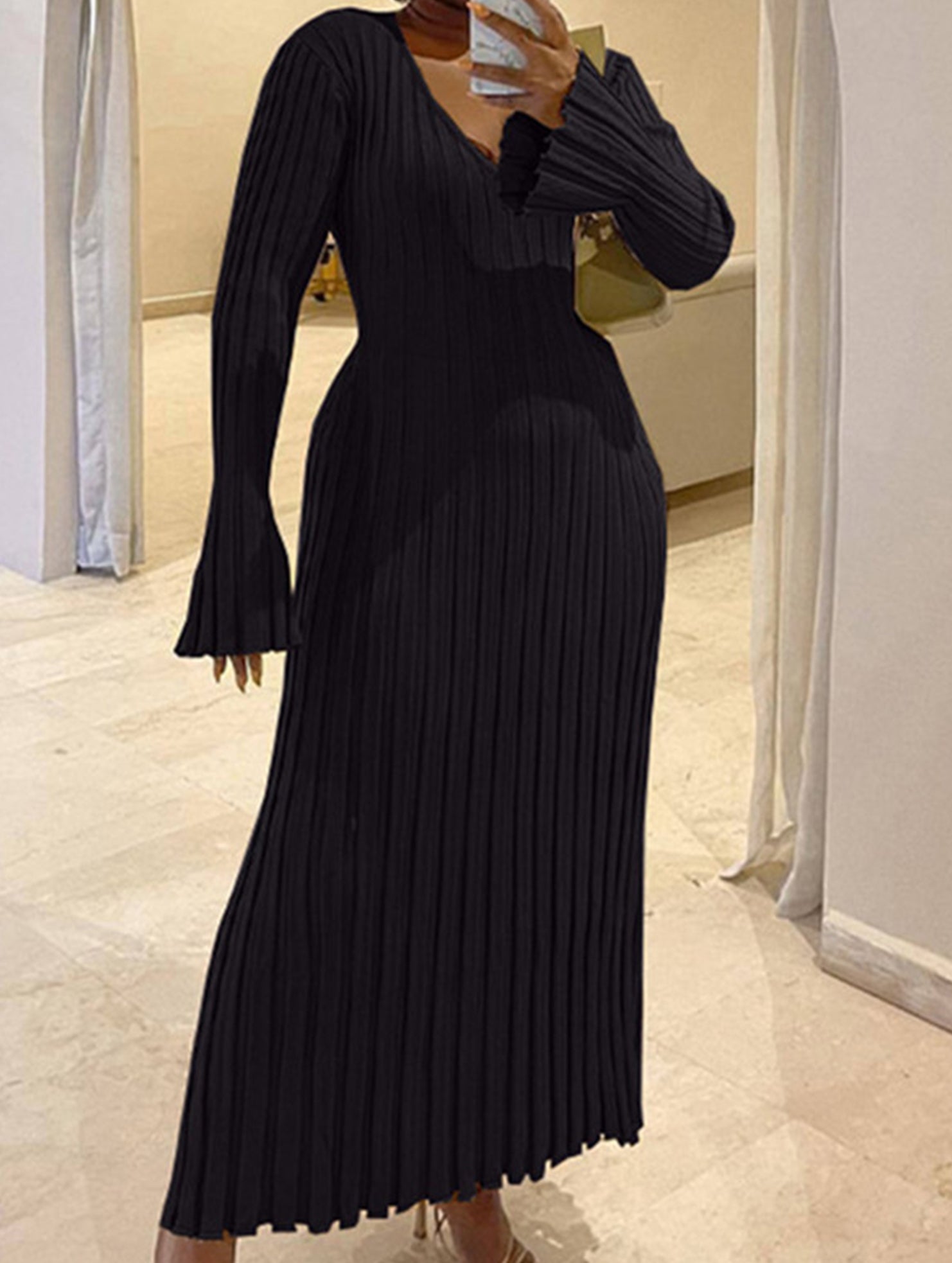 Casual, fitted waist, ribbed knit dress for women_CWDMD02175