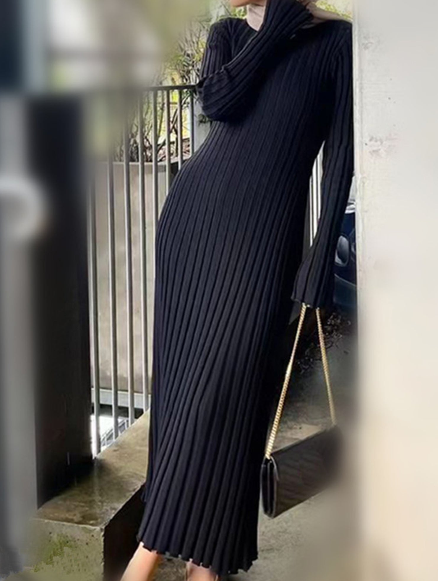 Casual, fitted waist, ribbed knit dress for women_CWDMD02175