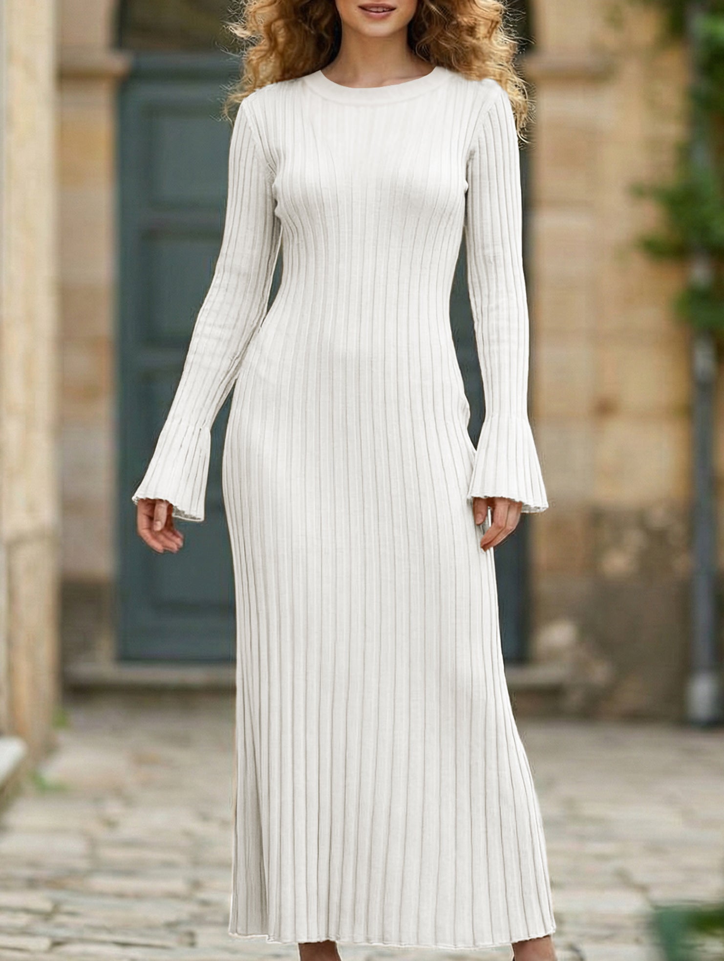 Casual, fitted waist, ribbed knit dress for women_CWDMD02175