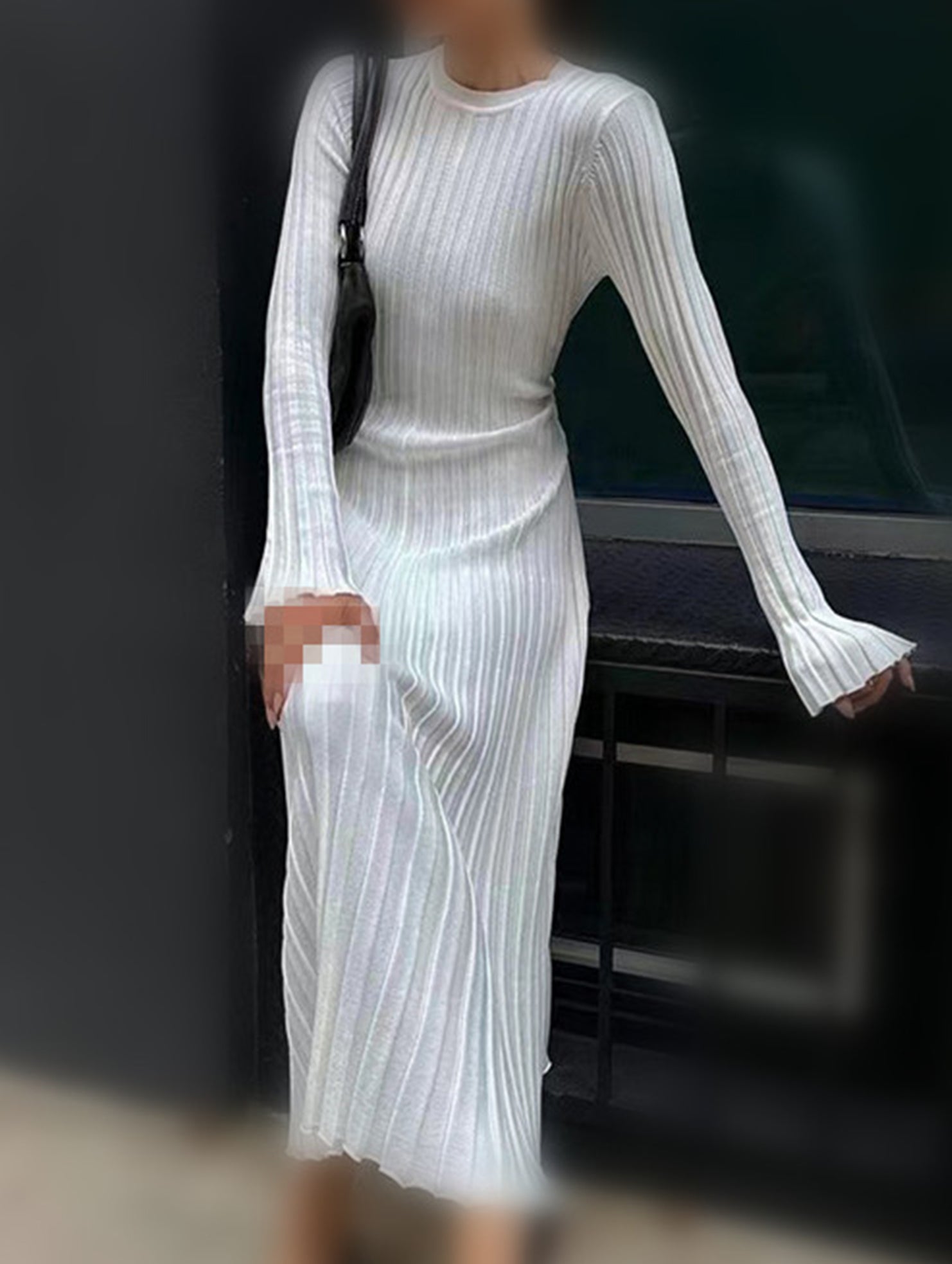 Casual, fitted waist, ribbed knit dress for women_CWDMD02175