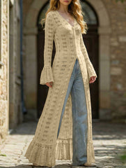 Women's openwork knitted ruffled bell sleeve coat dress_CWDMD02176