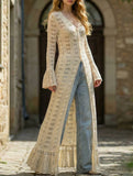 Women's openwork knitted ruffled bell sleeve coat dress_CWDMD02176