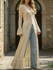 Women's openwork knitted ruffled bell sleeve coat dress_CWDMD02176