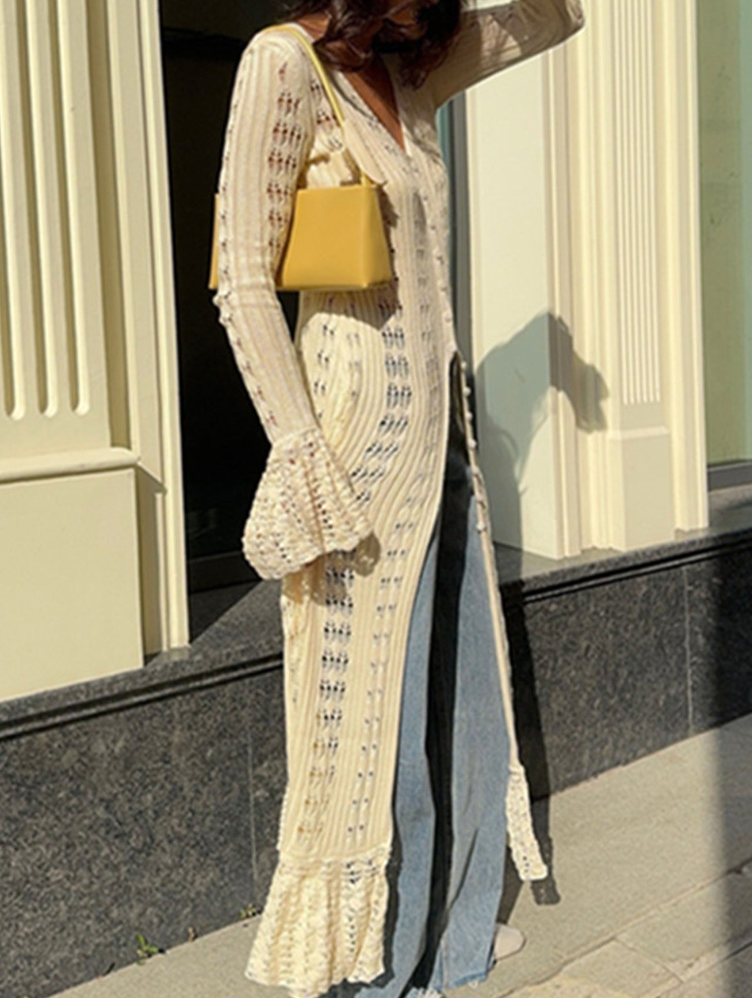 Women's openwork knitted ruffled bell sleeve coat dress_CWDMD02176
