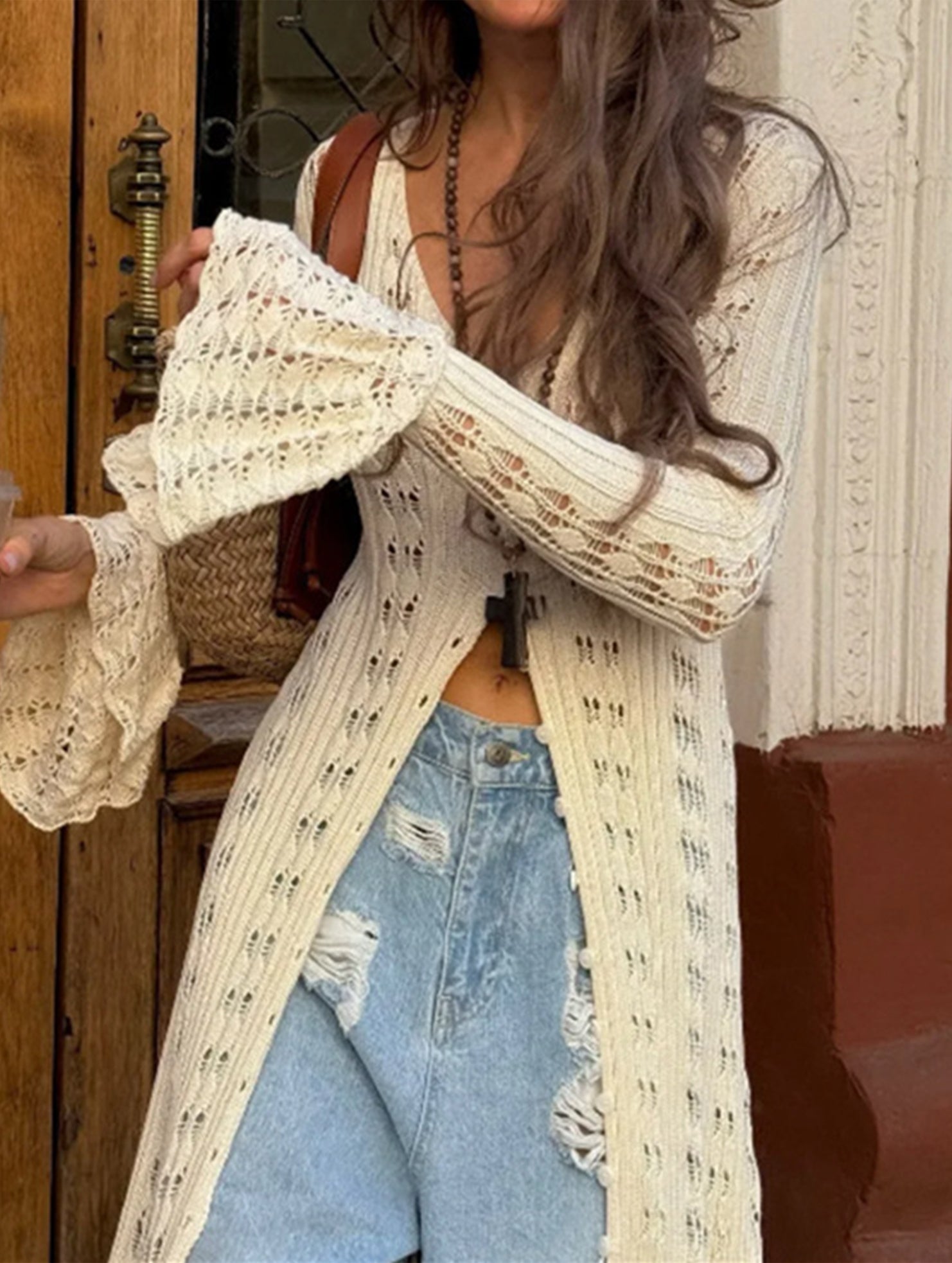 Women's openwork knitted ruffled bell sleeve coat dress_CWDMD02176