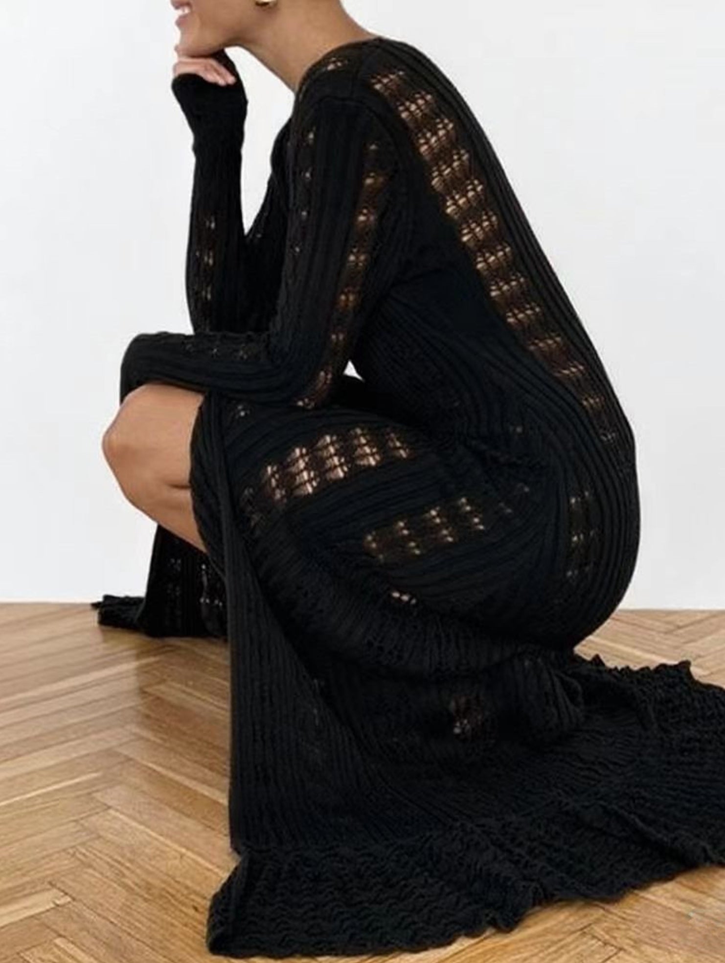 Women's openwork knitted ruffled bell sleeve coat dress_CWDMD02176