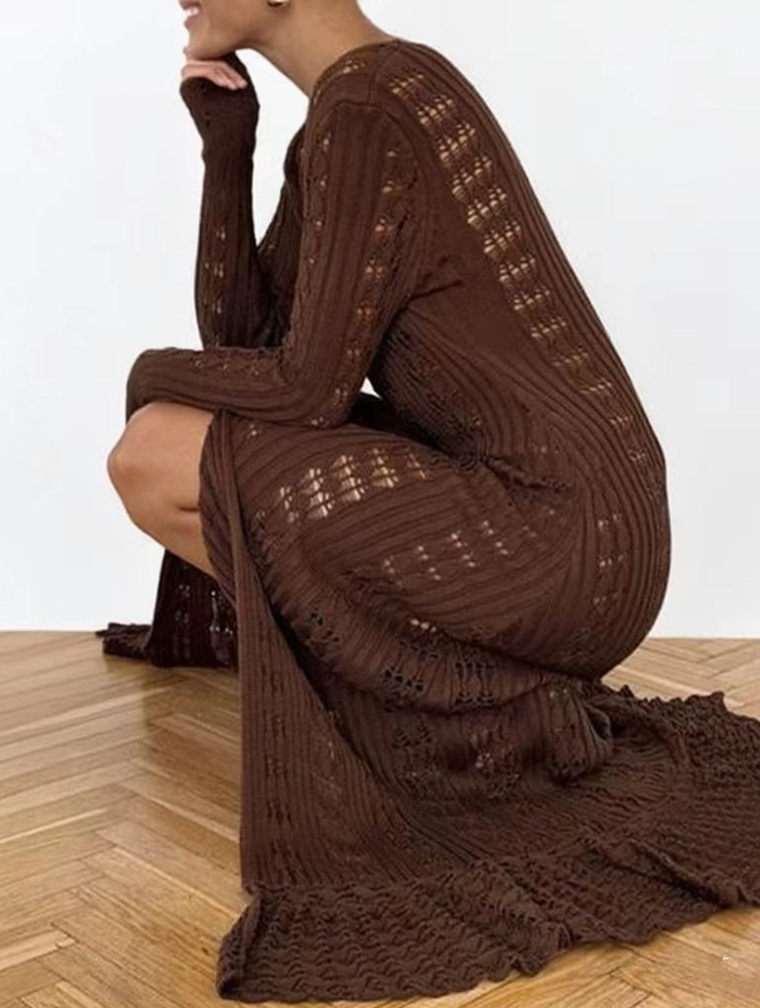 Women's openwork knitted ruffled bell sleeve coat dress_CWDMD02176