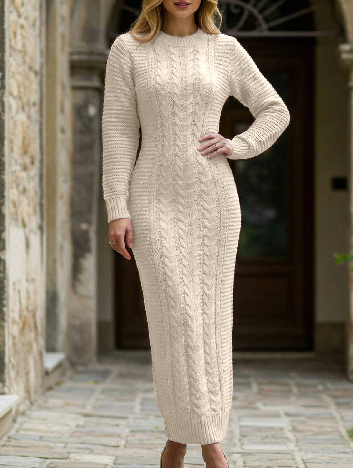 Fashionable cable knit long-sleeved wool dress for women_CWDMD02177