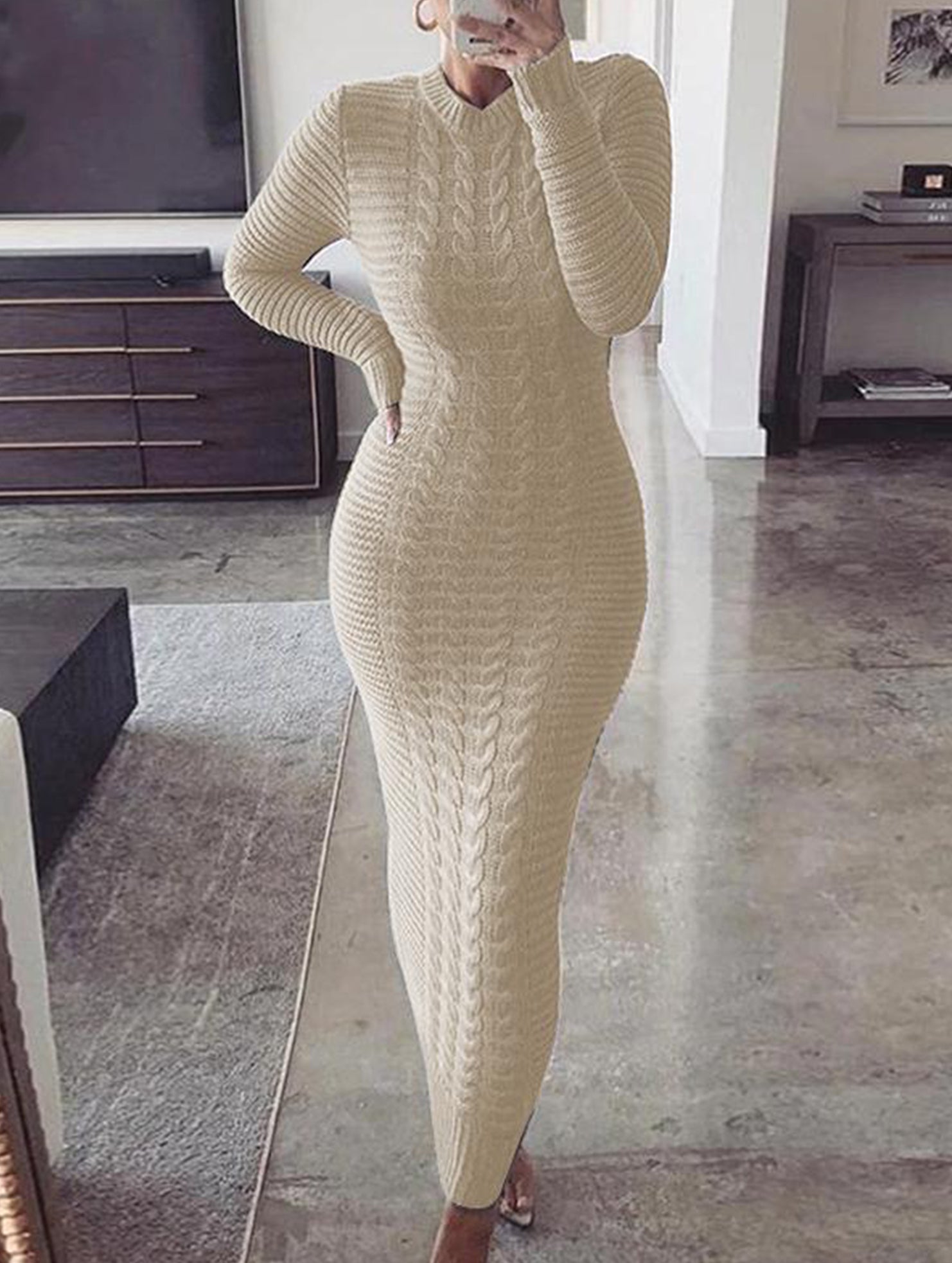 Fashionable cable knit long-sleeved wool dress for women_CWDMD02177