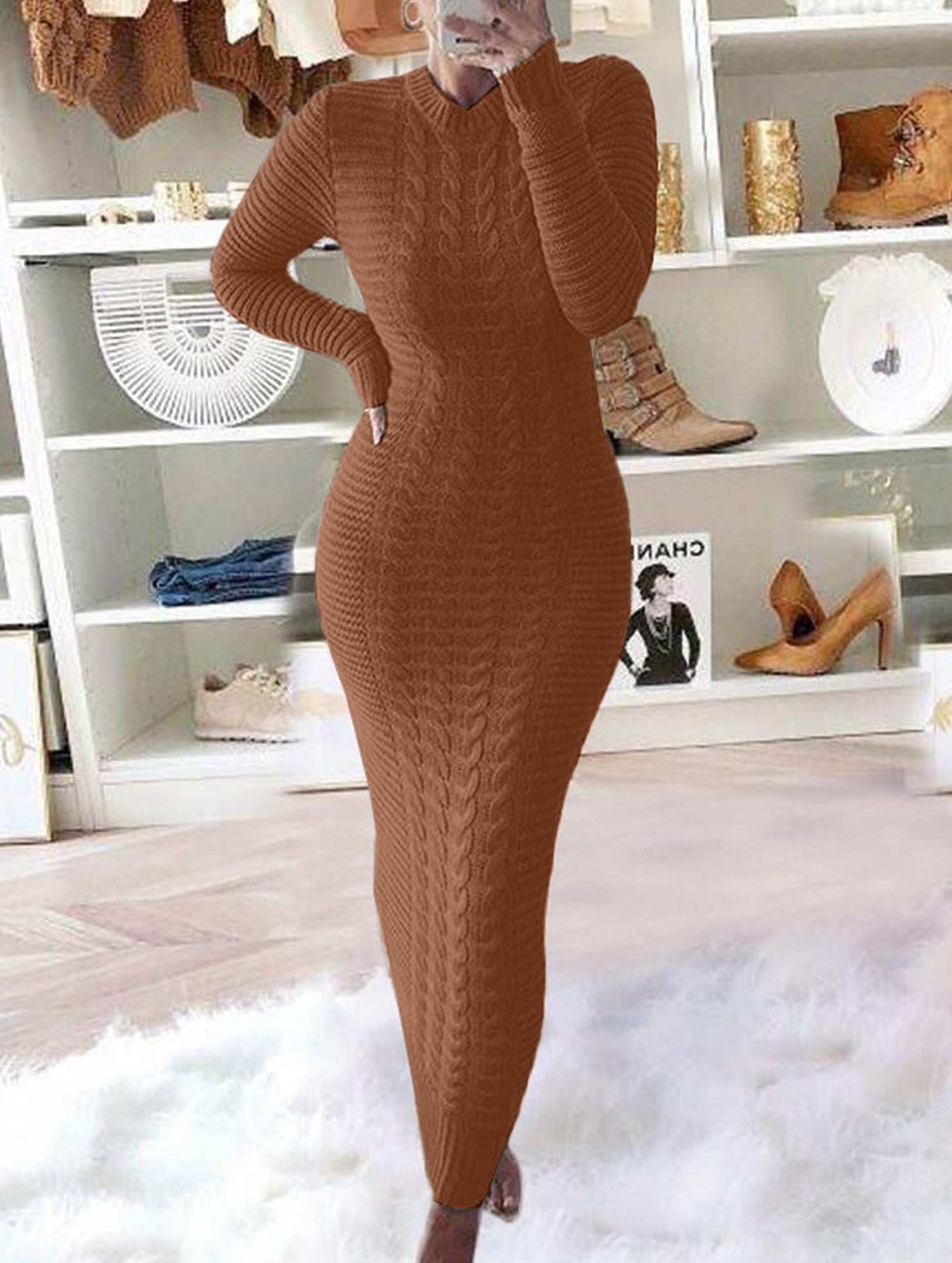 Fashionable cable knit long-sleeved wool dress for women_CWDMD02177