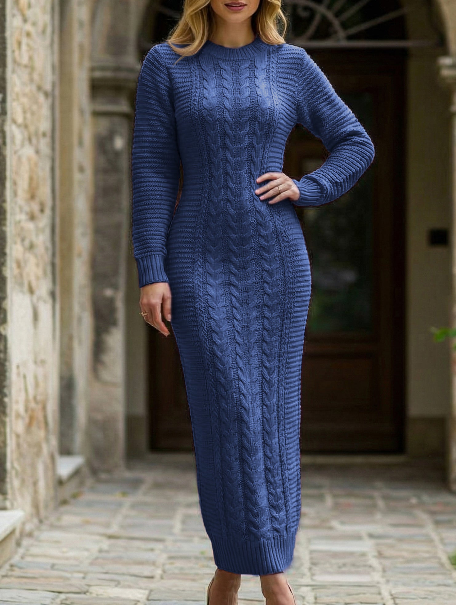 Fashionable cable knit long-sleeved wool dress for women_CWDMD02177