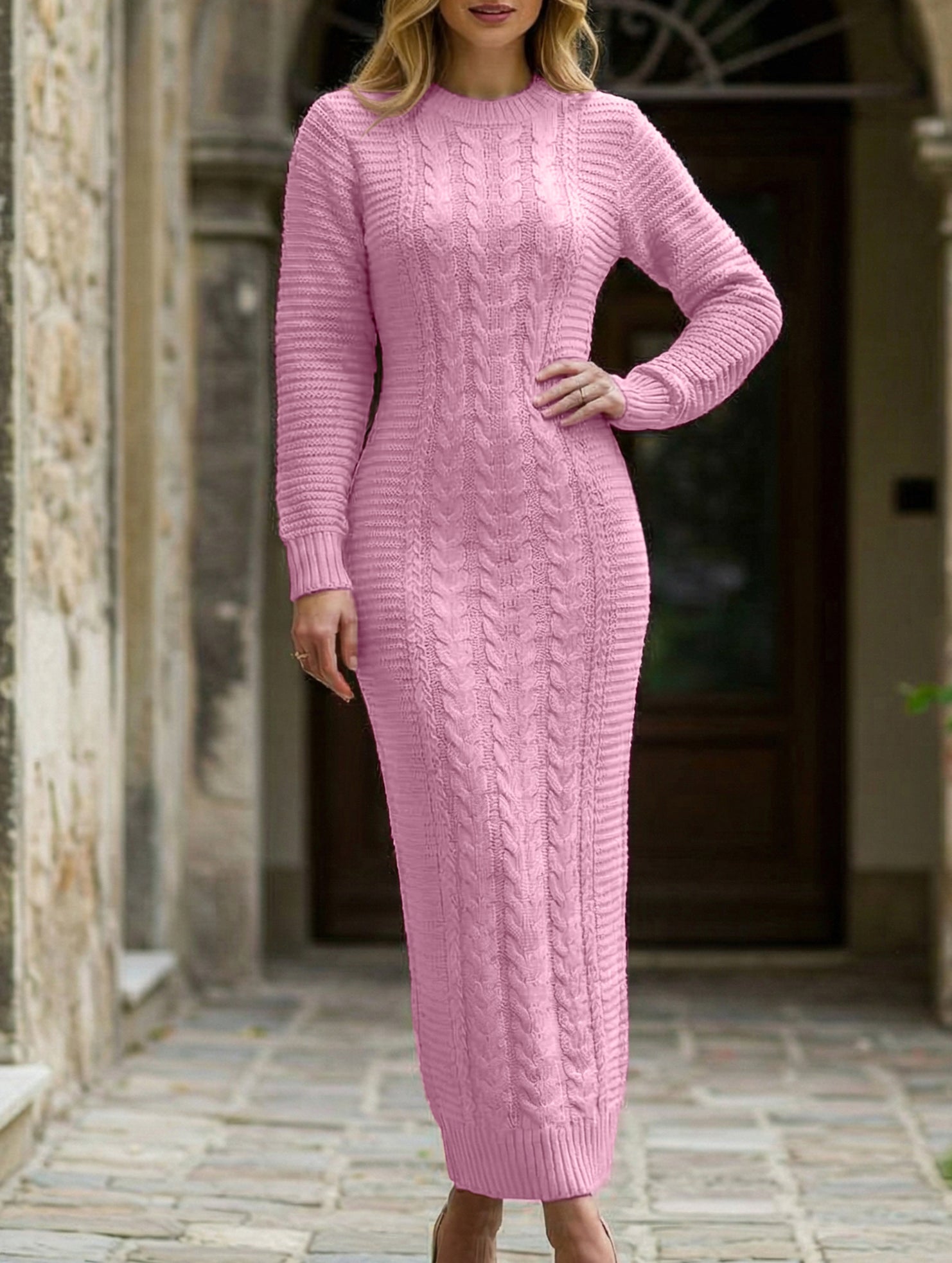 Fashionable cable knit long-sleeved wool dress for women_CWDMD02177
