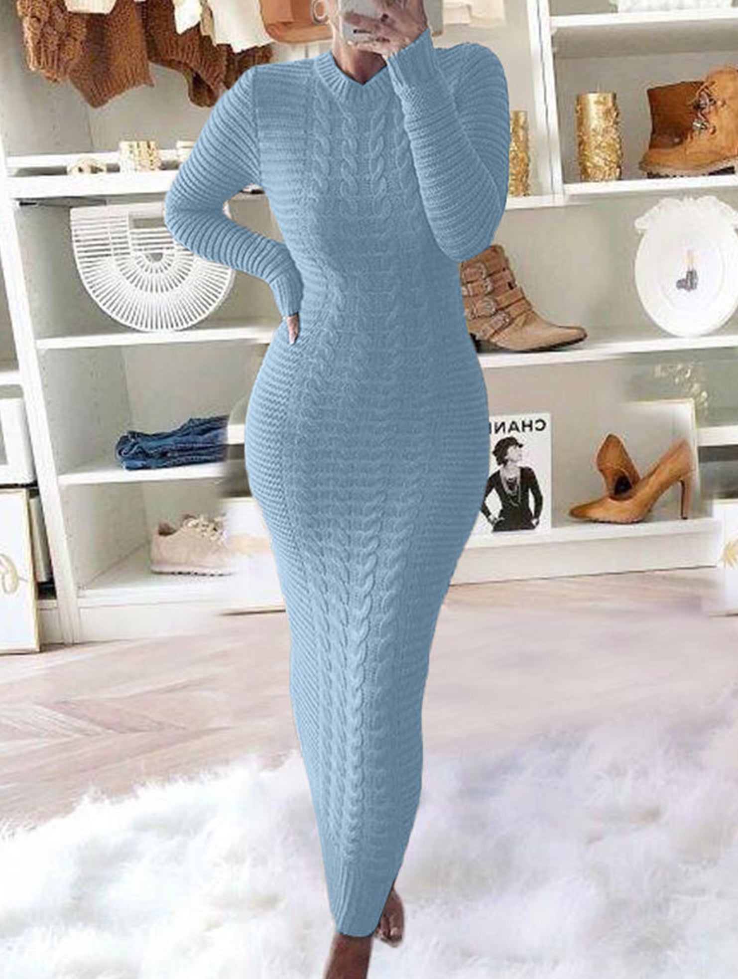 Fashionable cable knit long-sleeved wool dress for women_CWDMD02177