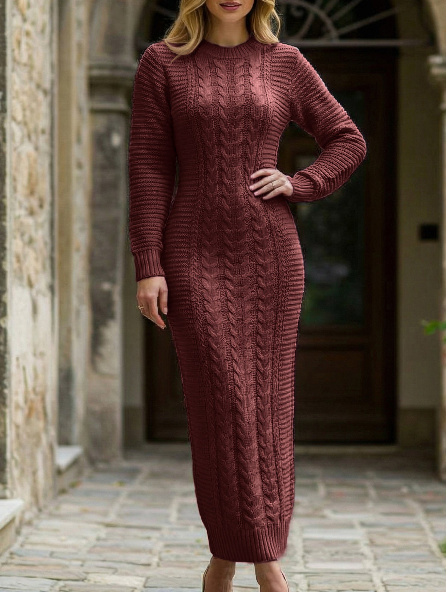 Fashionable cable knit long-sleeved wool dress for women_CWDMD02177