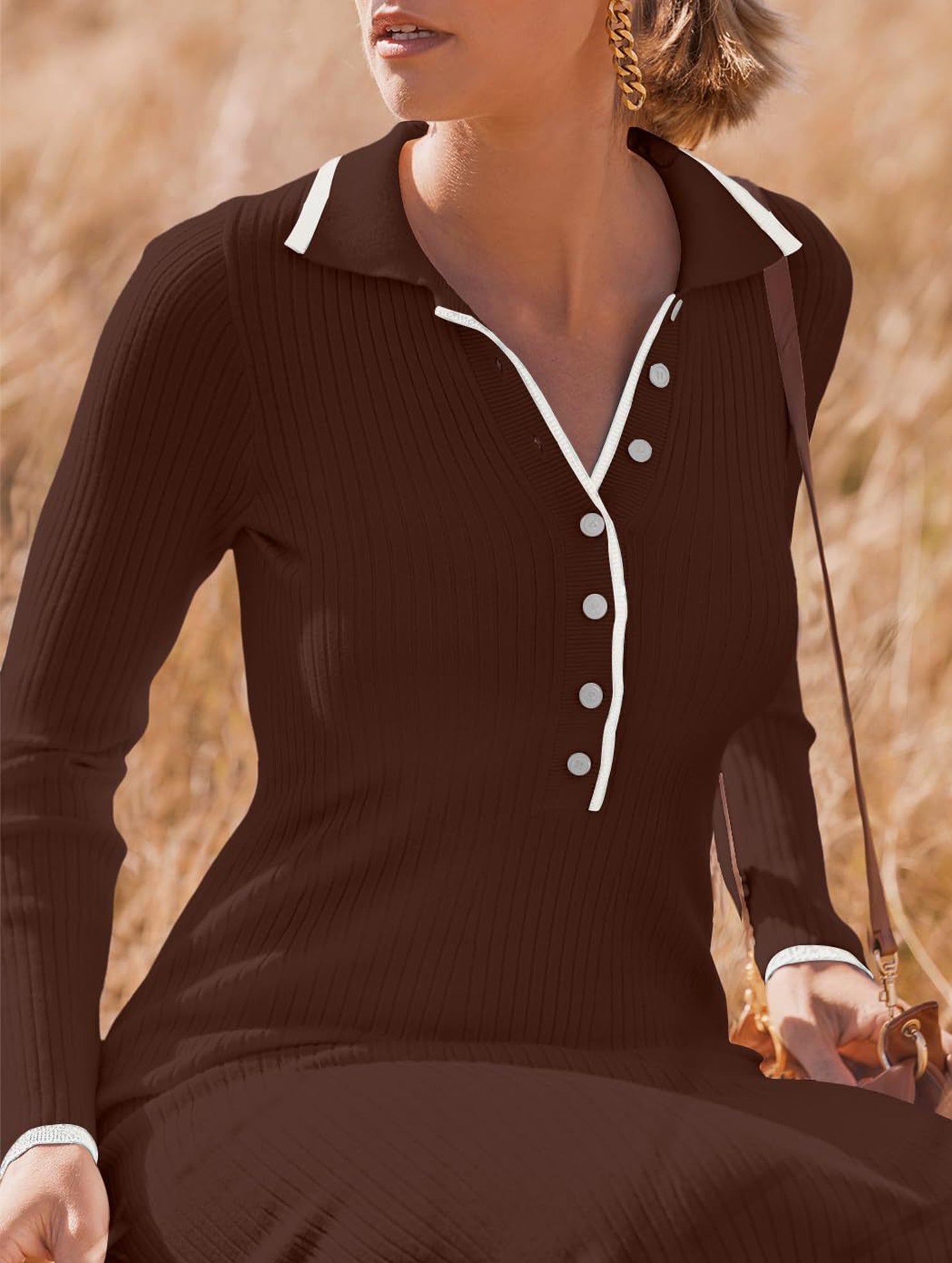 Stylish collared knit dress, slim fit and elegant_CWDMD02178