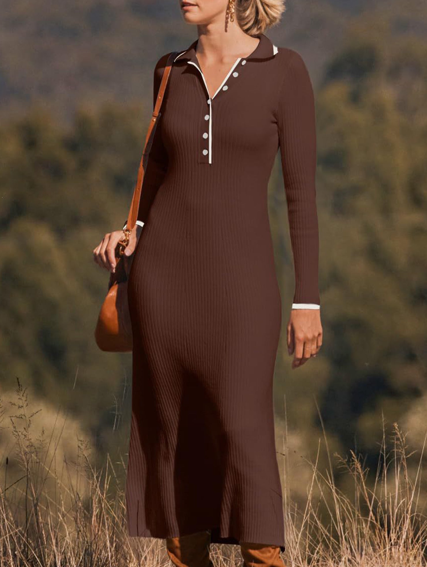 Stylish collared knit dress, slim fit and elegant_CWDMD02178