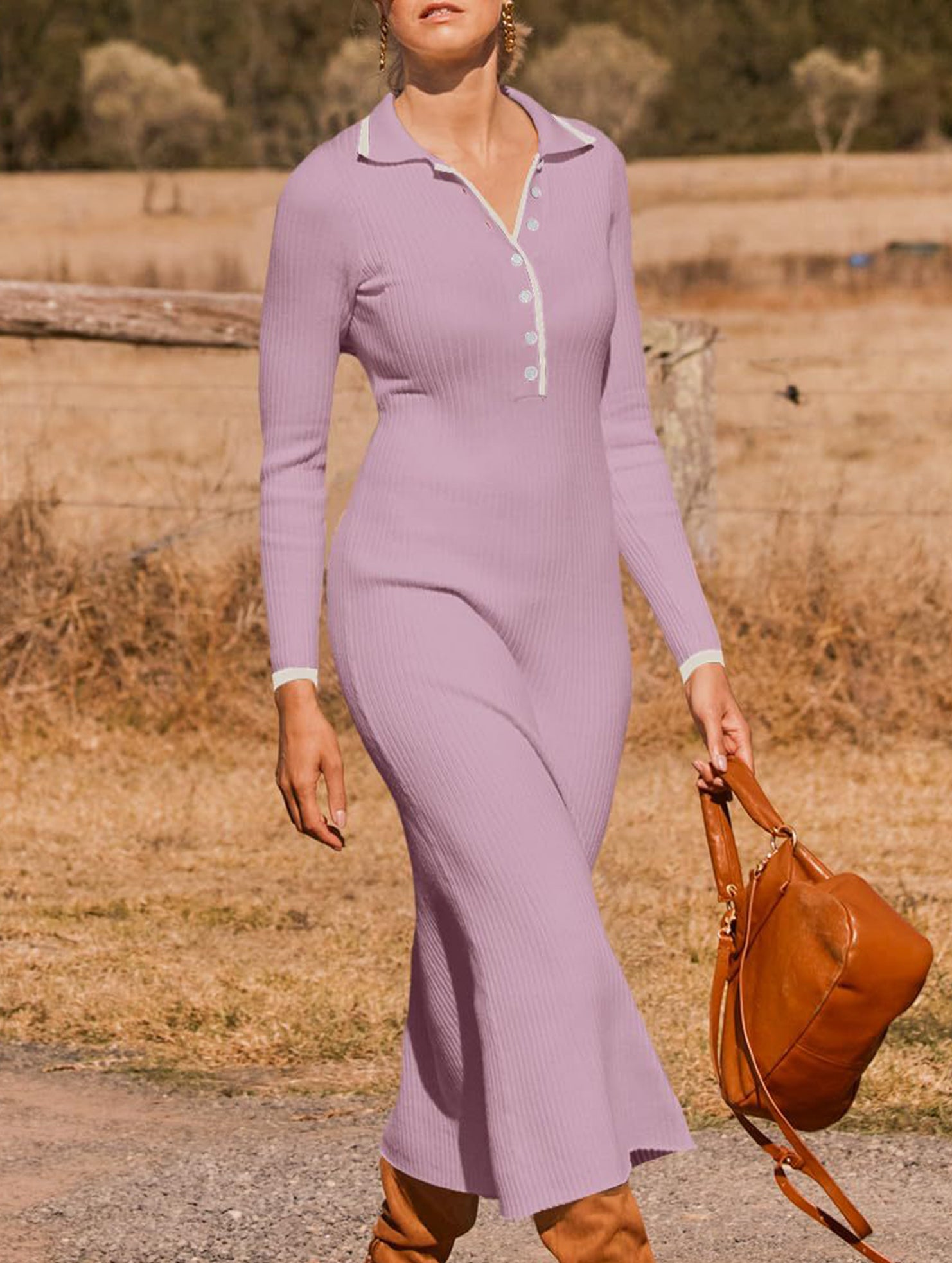 Stylish collared knit dress, slim fit and elegant_CWDMD02178