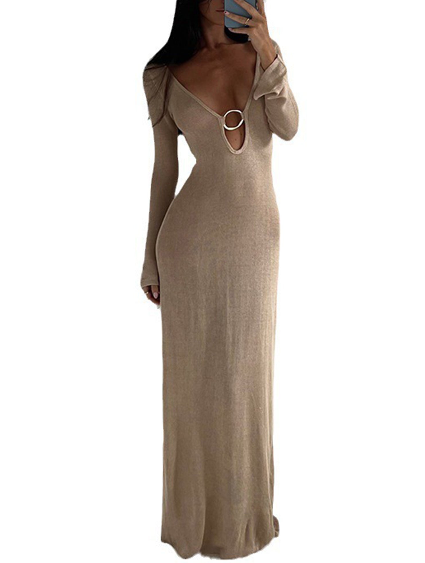 V-neck sexy round backless long-sleeved knit dress