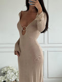 V-neck sexy round backless long-sleeved knit dress