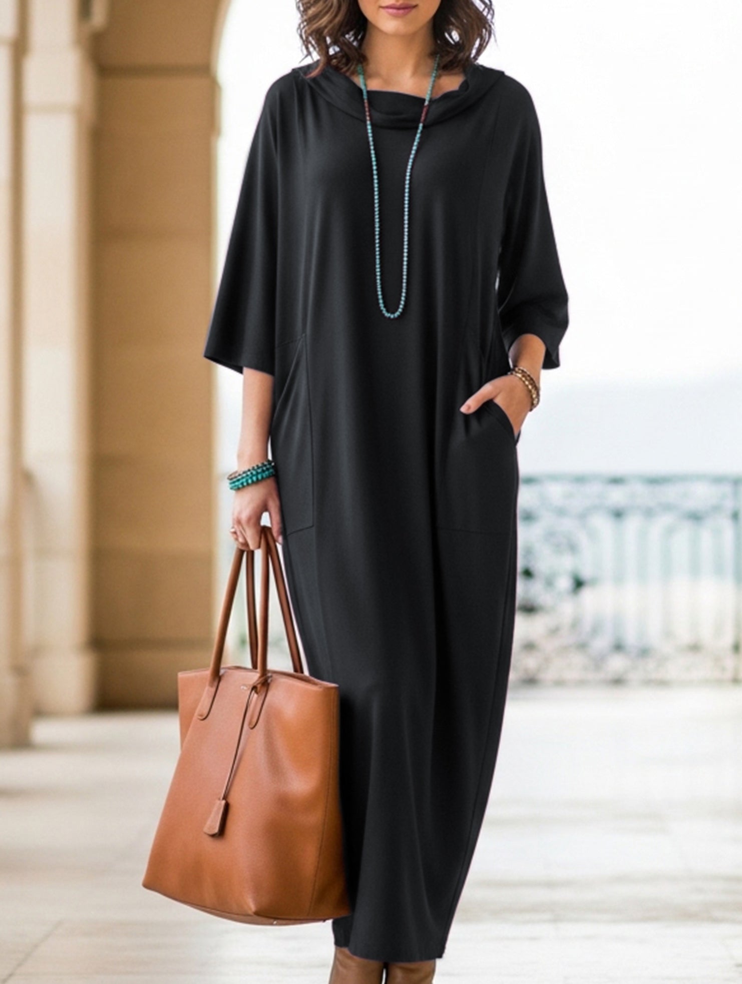 High Neck Loose Knit Pocket Midi Dress_CWDMD02195