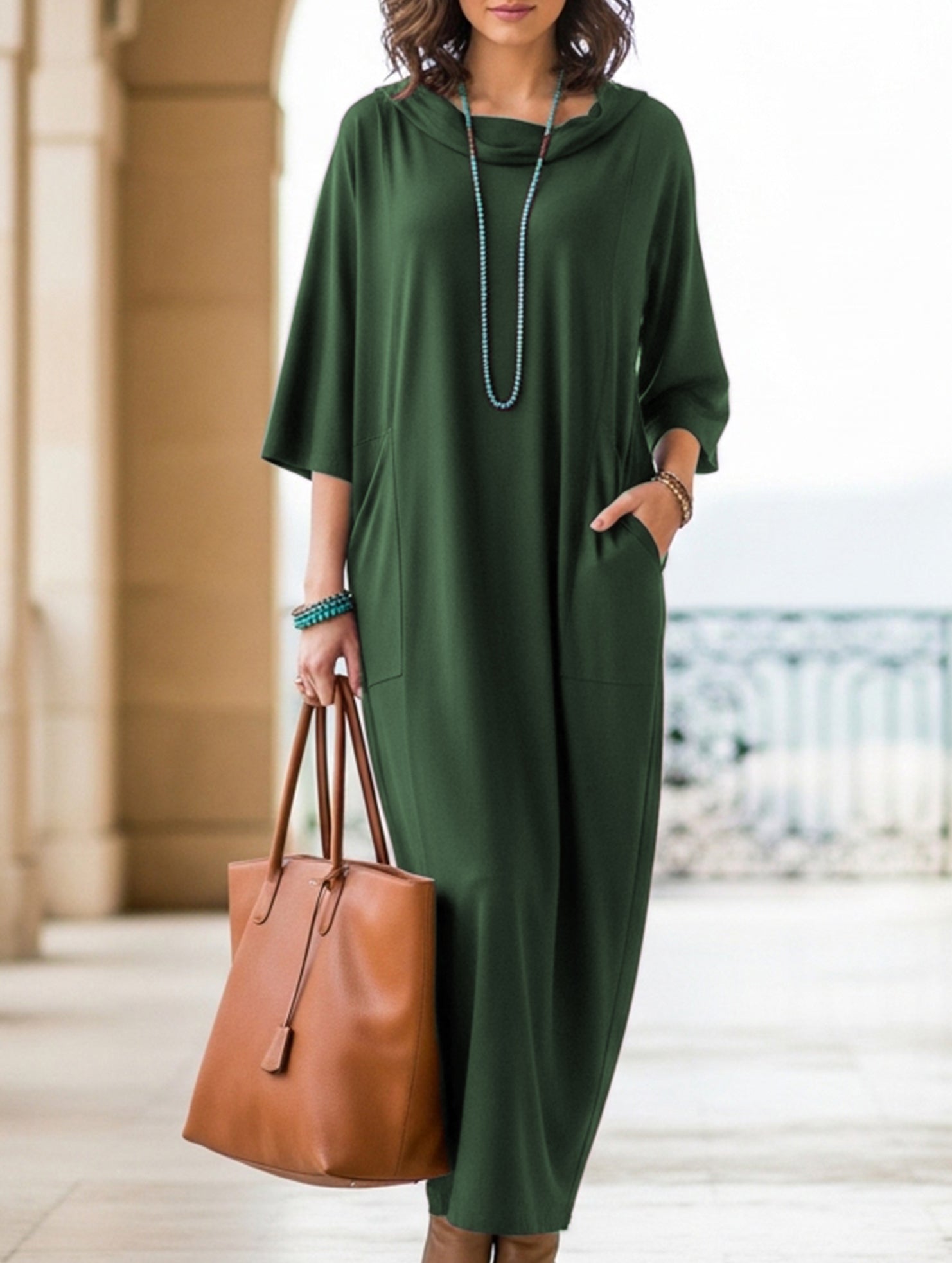 High Neck Loose Knit Pocket Midi Dress_CWDMD02195