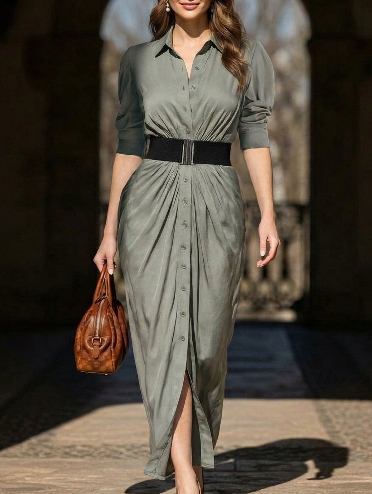 Button Down Shirt Dress with Belt_CWDMD02214