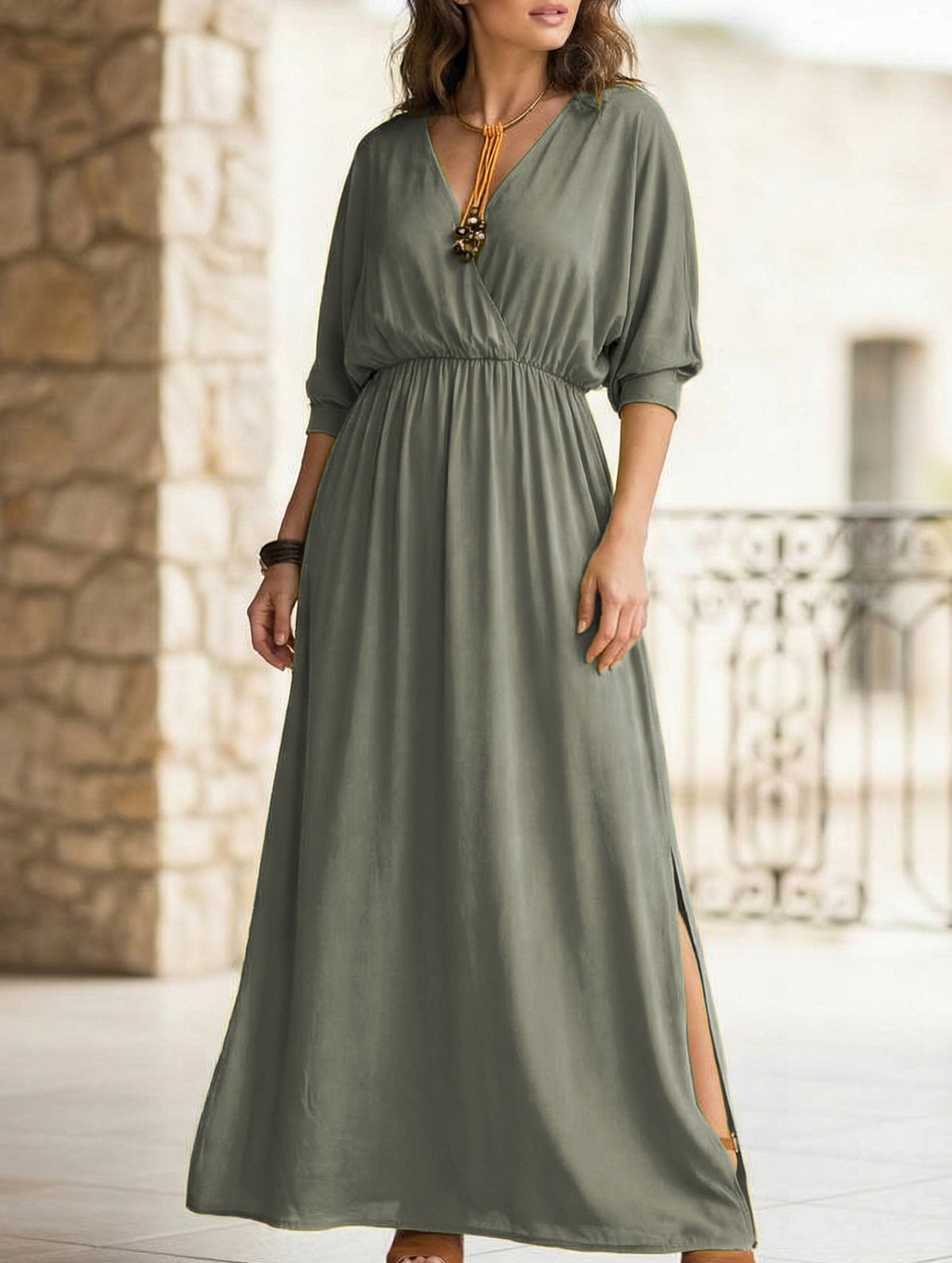Solid High Waist V Neck Slit Dress_CWDMD02215