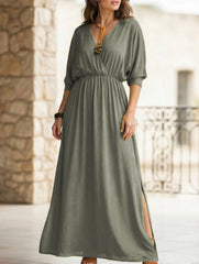Solid High Waist V Neck Slit Dress_CWDMD02215