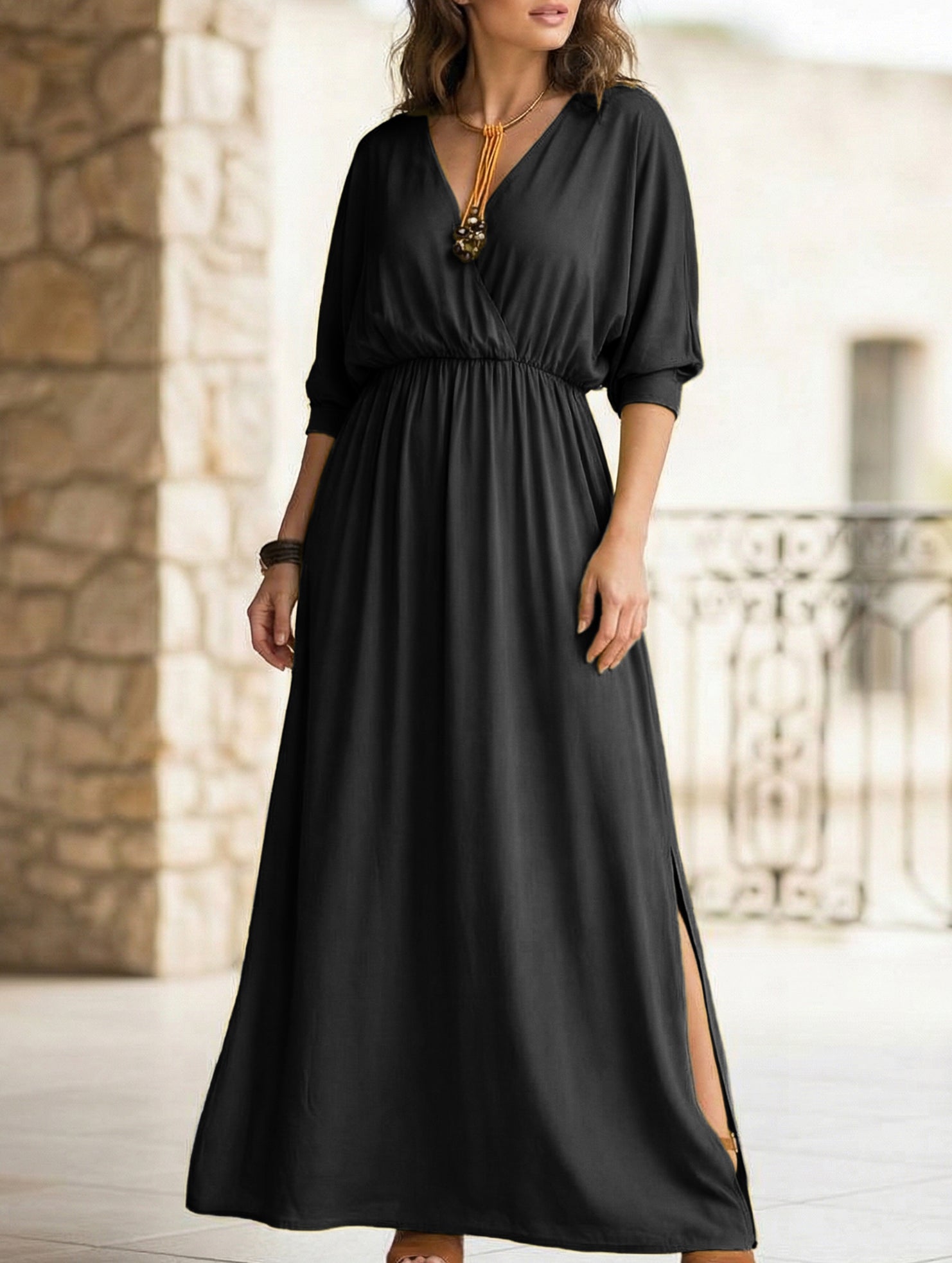 Solid High Waist V Neck Slit Dress_CWDMD02215