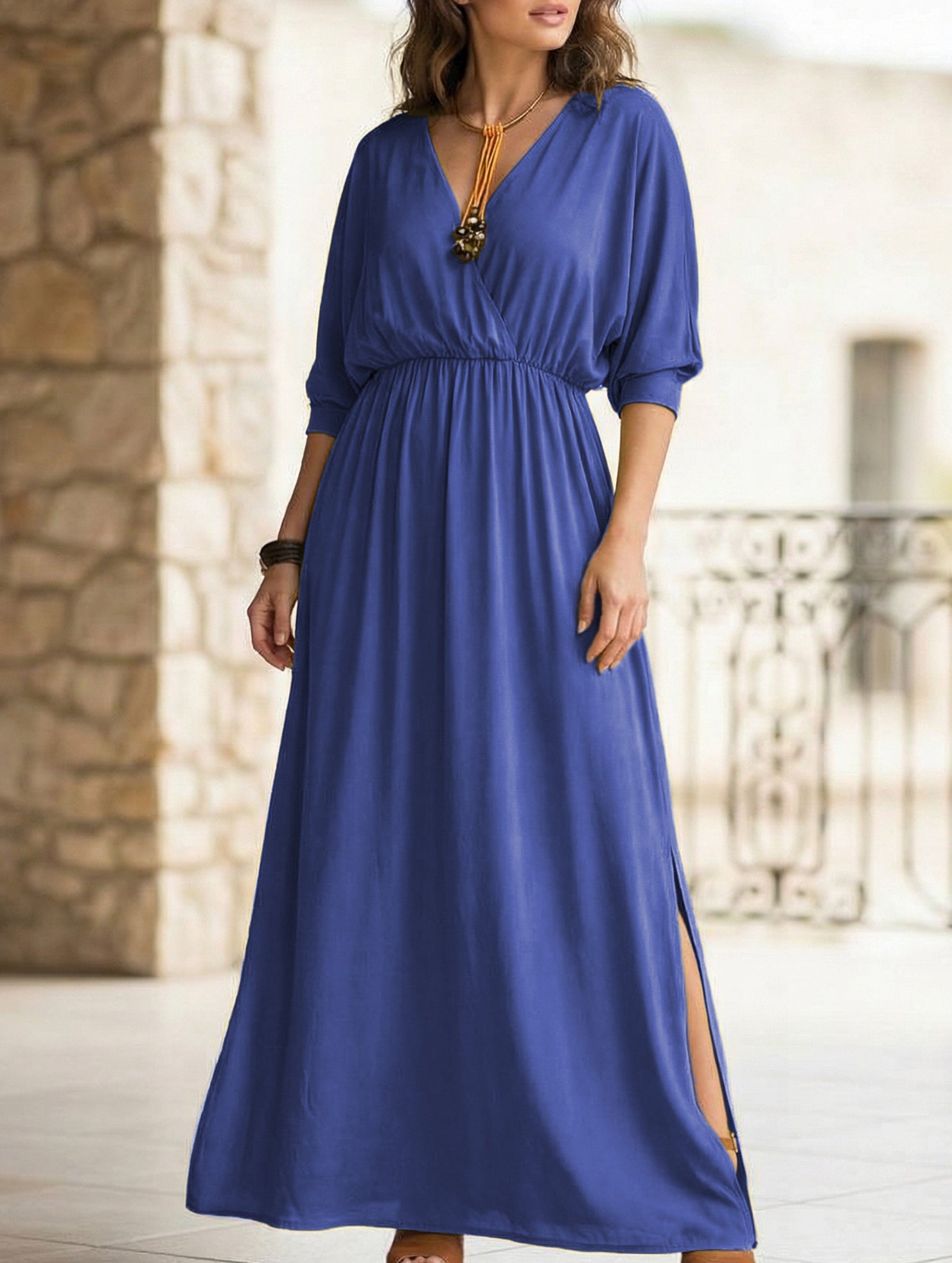 Solid High Waist V Neck Slit Dress_CWDMD02215