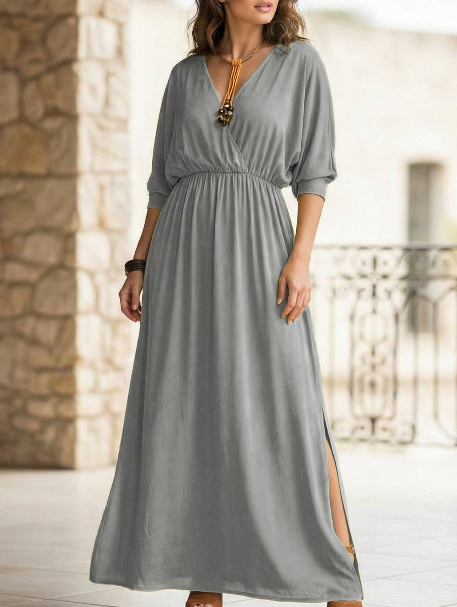 Solid High Waist V Neck Slit Dress_CWDMD02215