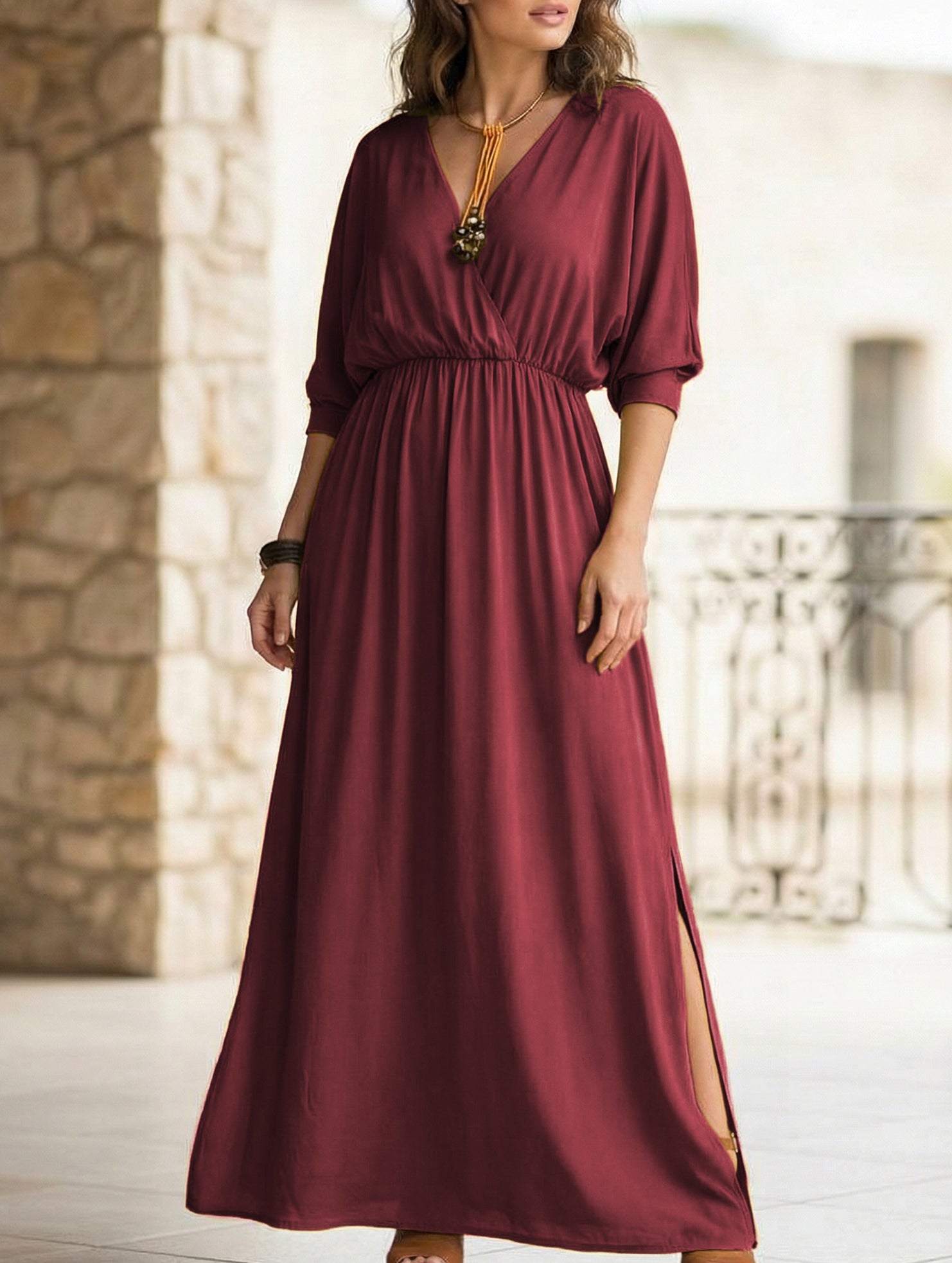 Solid High Waist V Neck Slit Dress_CWDMD02215