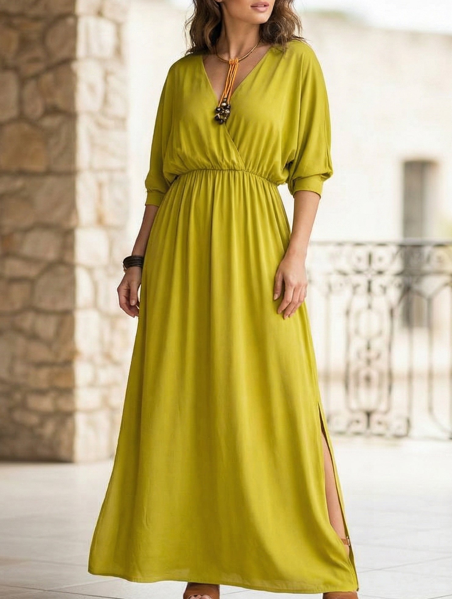 Solid High Waist V Neck Slit Dress_CWDMD02215
